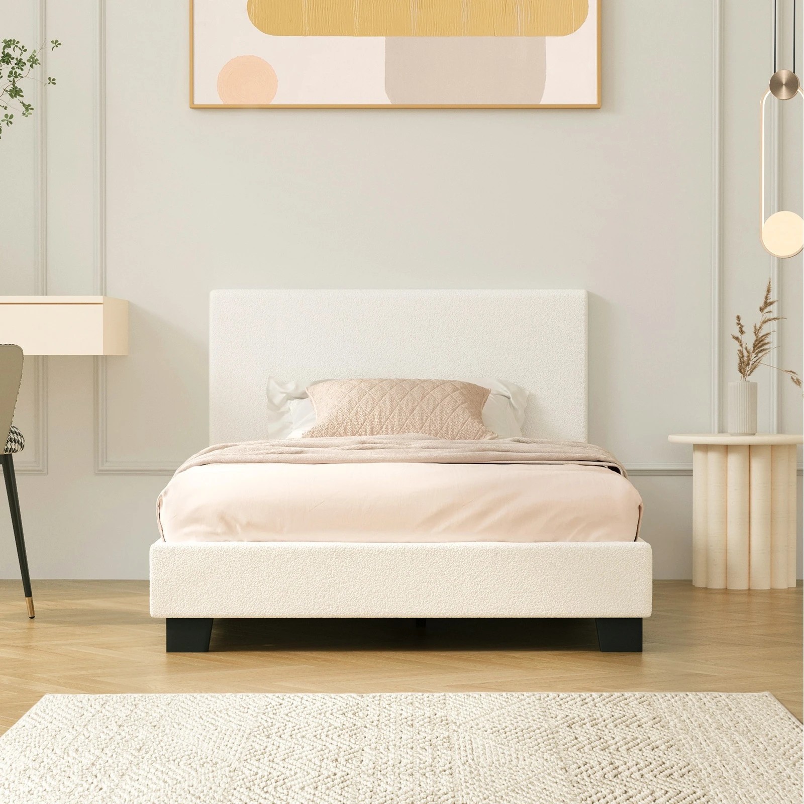 3 Oikiture Bed Frame Single Size Boucle - White, 3 of 10