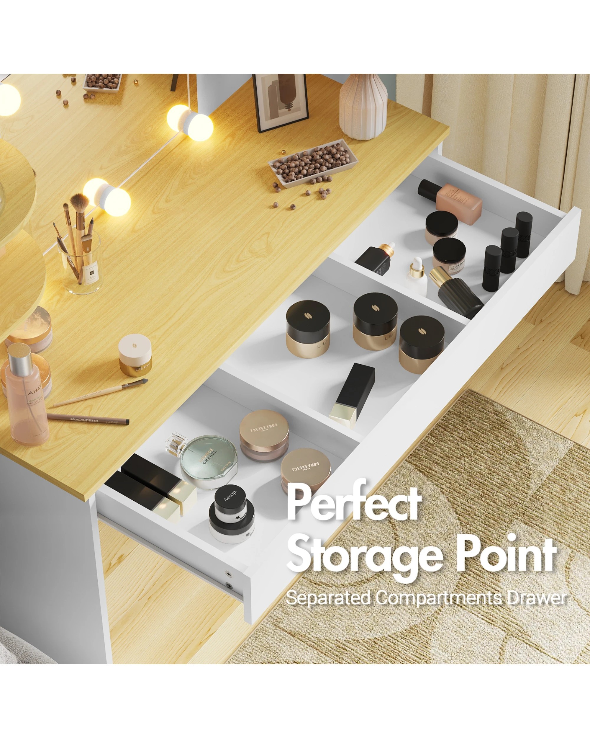 4 Advwin Dressing Table Stool Led Bulbs Makeup Mirror Vanity Desk With Open Shelves And Drawers Dresser - White, 4 of 10