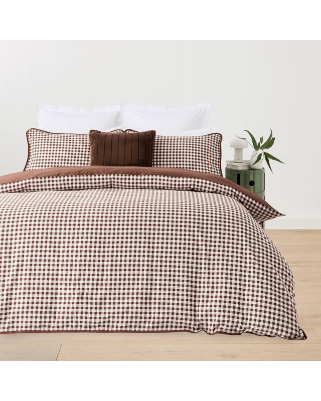Gingham Australian Grown Cotton Quilt Cover Set - Queen Bed, Choco