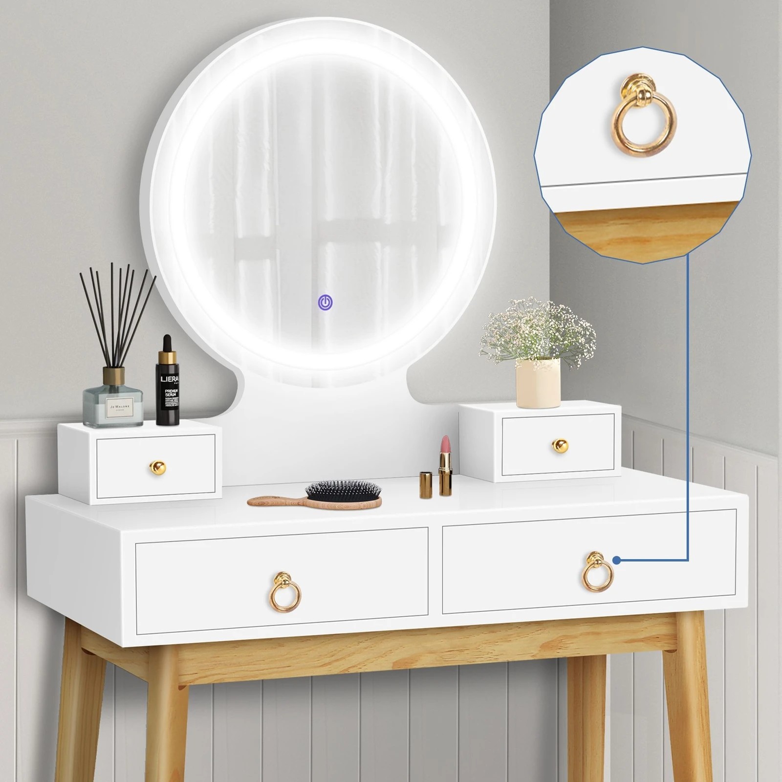 3 Alfordson Dressing Table Stool Set Makeup Mirror Vanity Desk LED Light - White, 3 of 10