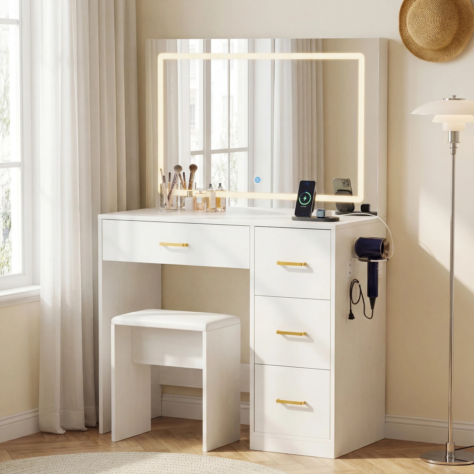 7 Advwin Makeup Vanity Desk with Large LED Mirror Charging Station - White, 7 of 10