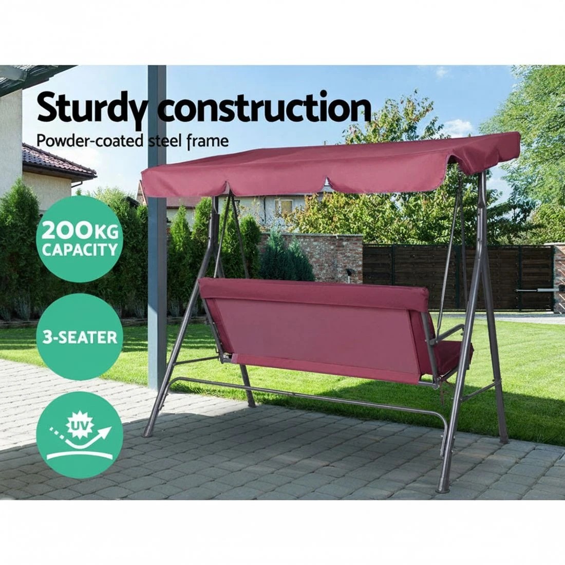 5 Gardeon Outdoor Swing Chair Garden Bench Furniture Canopy 3 Seater Wine - Burgundy, 5 of 6