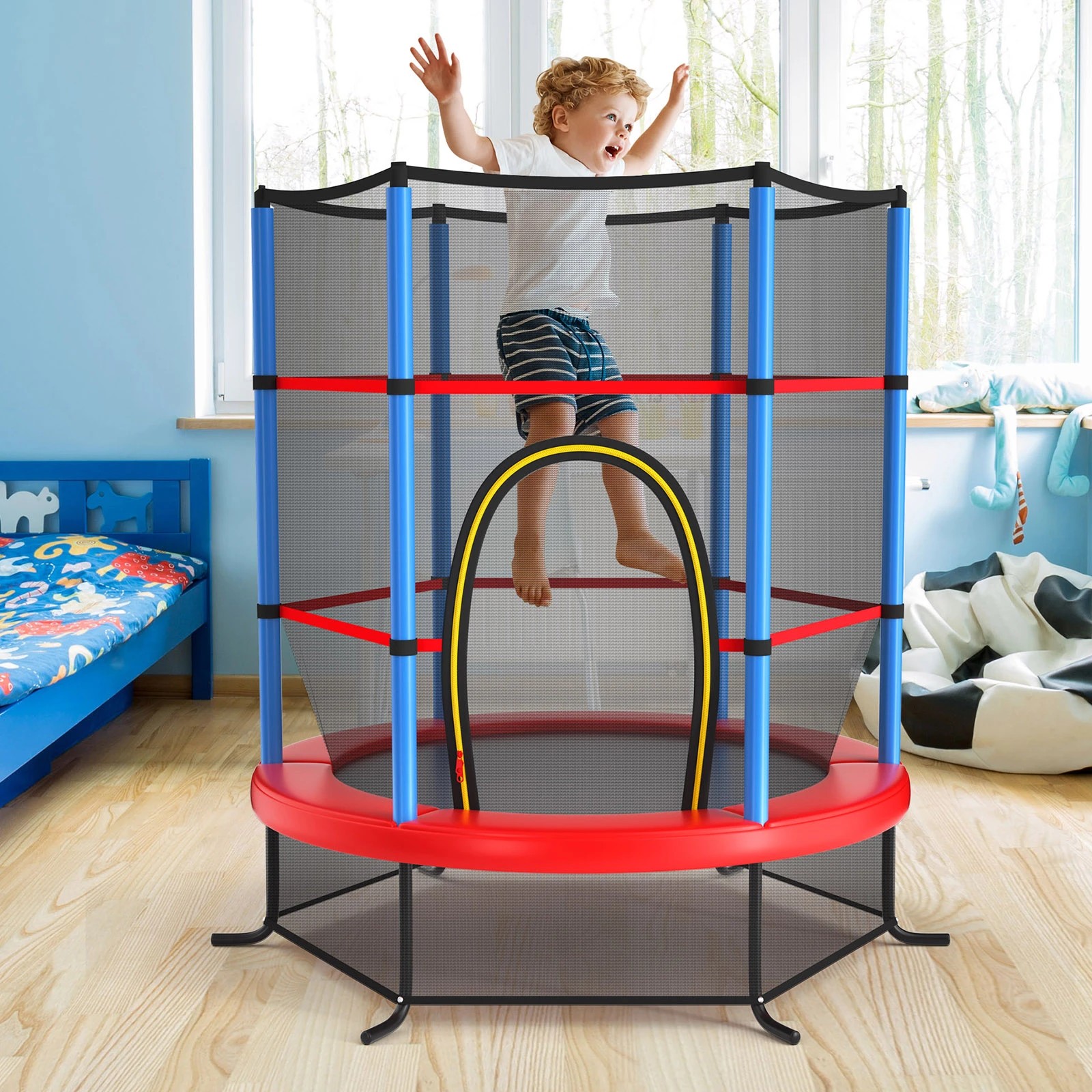 1 Costway Kids Trampoline Bouncer Jumping Trampolines w/Enclosure Net - Blue, 1 of 5