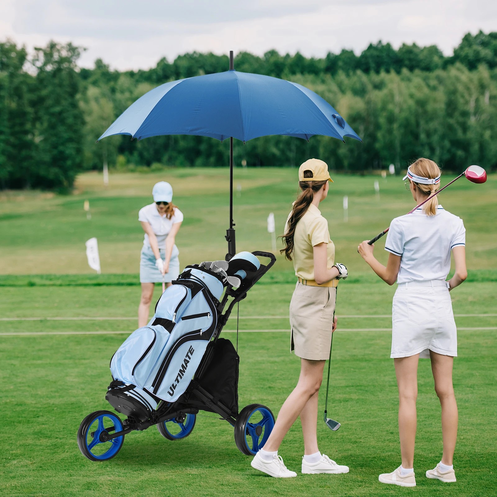1 Costway Foldable Golf Buggy Trolley 3 Wheels Golf Club Push Cart Adjustable w/Storage Bag - Blue, 1 of 4