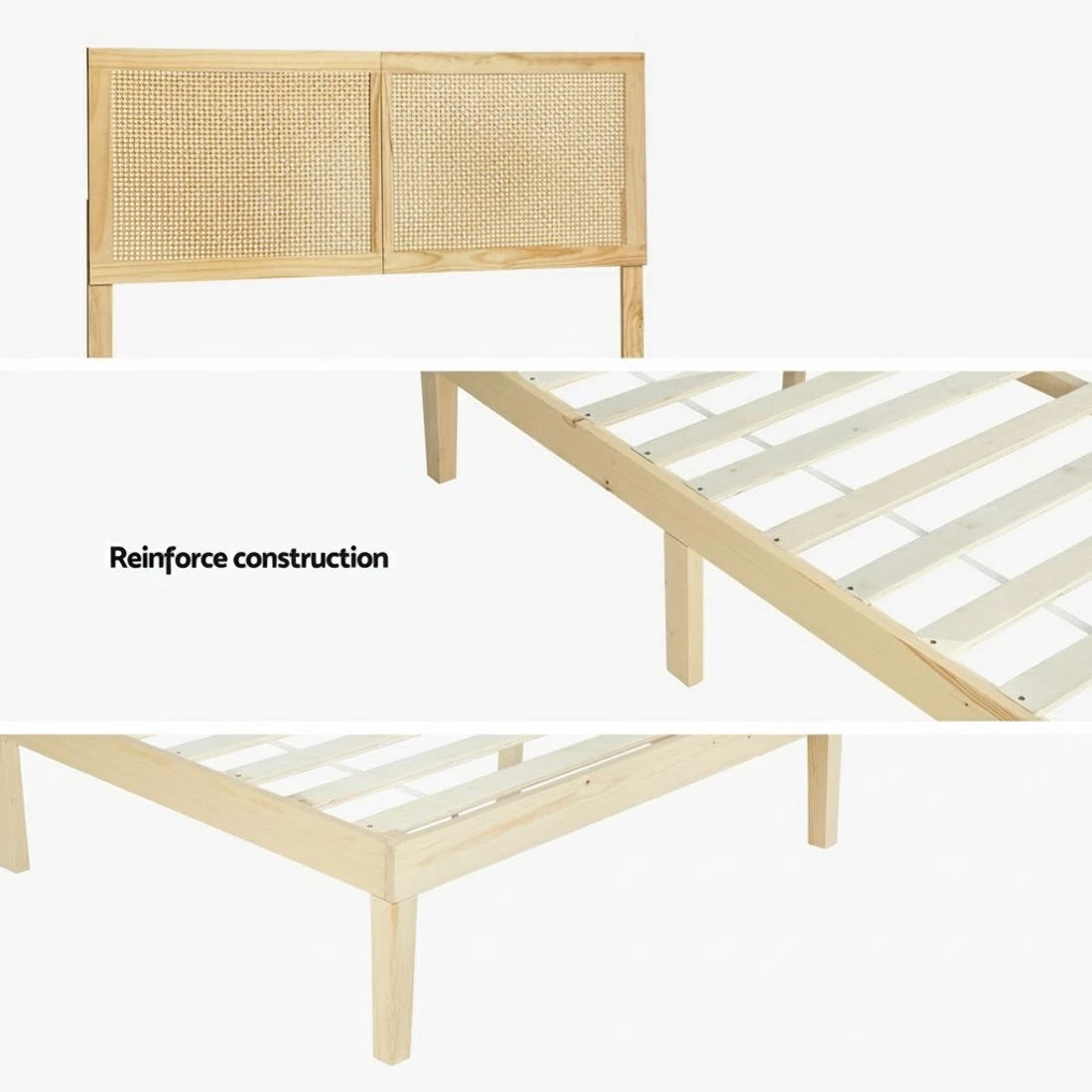 7 Artiss Bed Frame Double Size with Rattan Headboard Wooden Bed Base BRUNO - Multi, 7 of 7