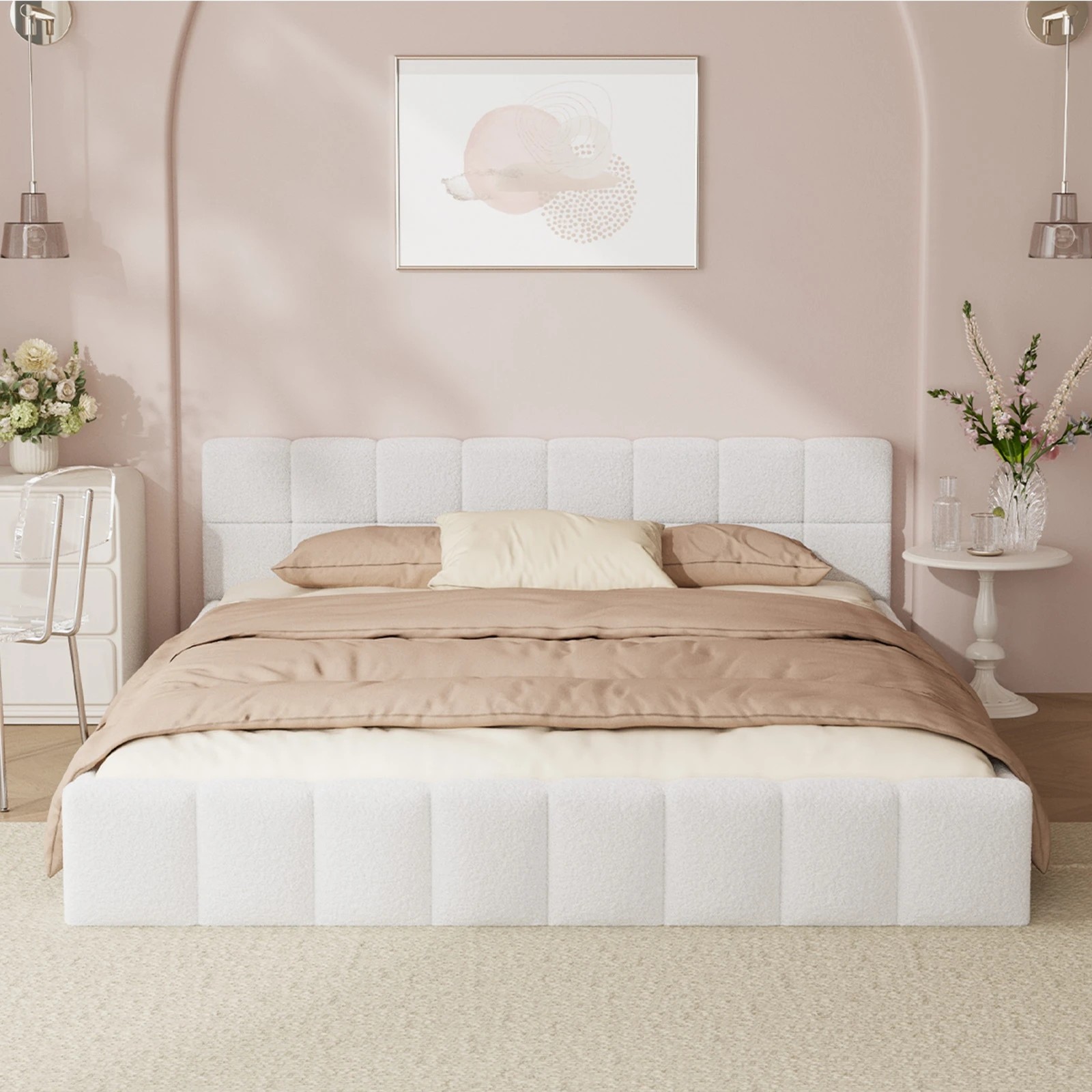 4 Oikiture Bed Frame Queen Size Tufted Headboard Boucle - White, 4 of 7