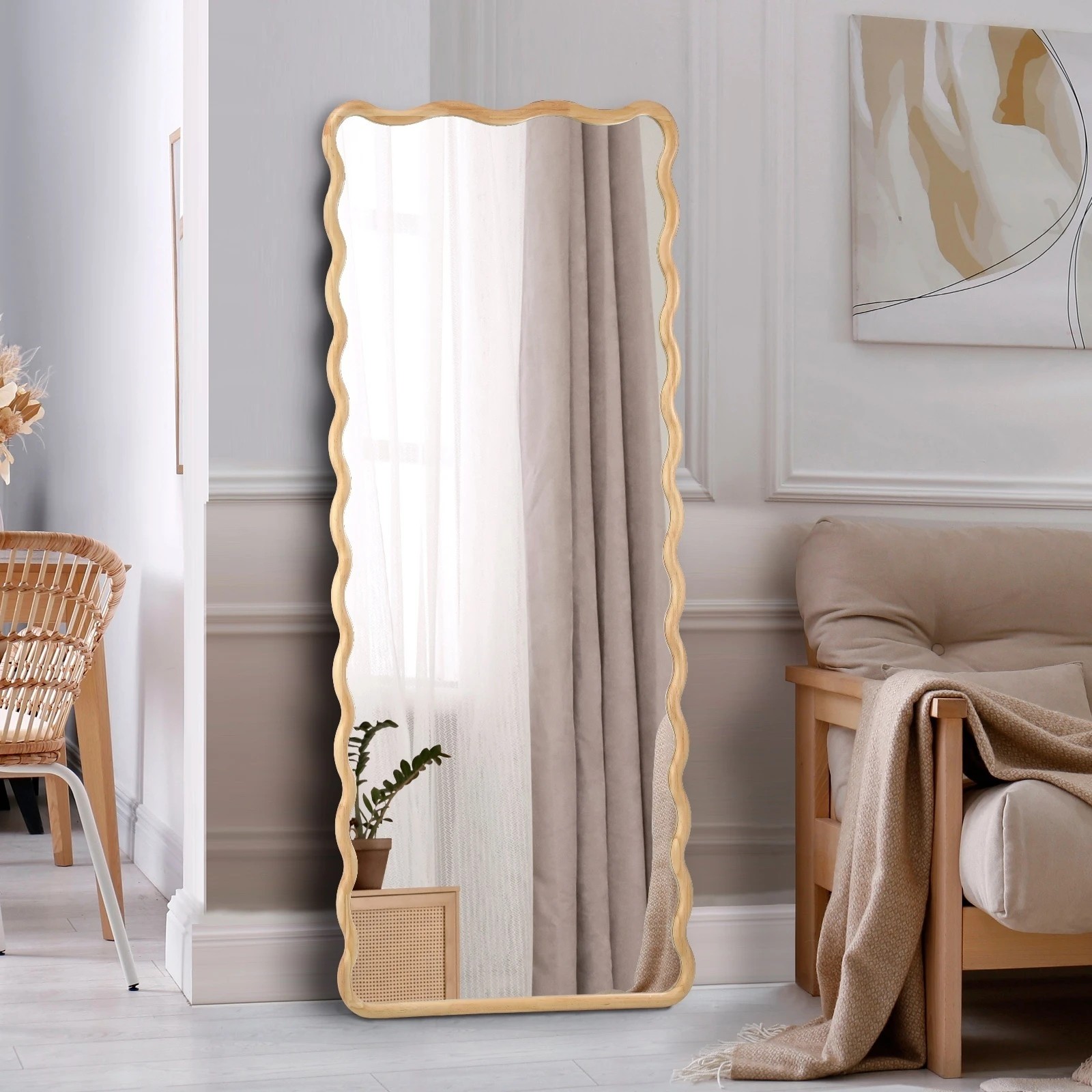 2 Oikiture Wooden Full Length Mirror 180x70cm Wavy Dressing Floor Mirrors
 - Natural, 2 of 9
