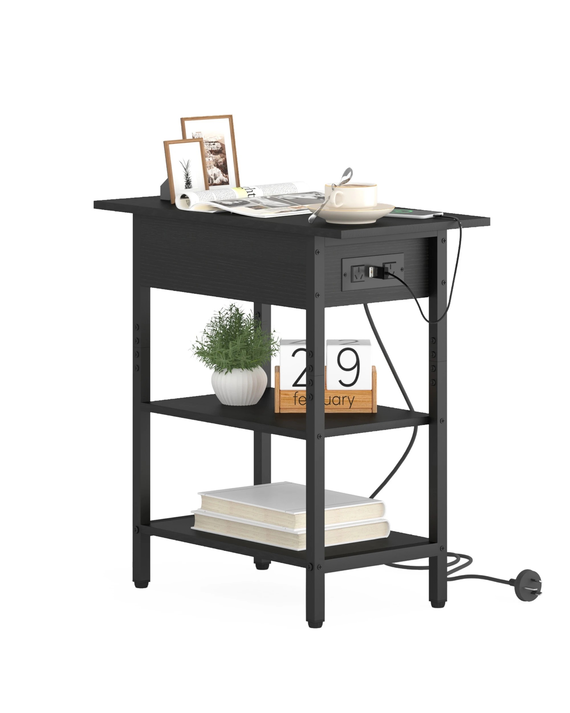 4 Advwin Flip Top Side Table  W/ Charging Station Black, 4 of 8