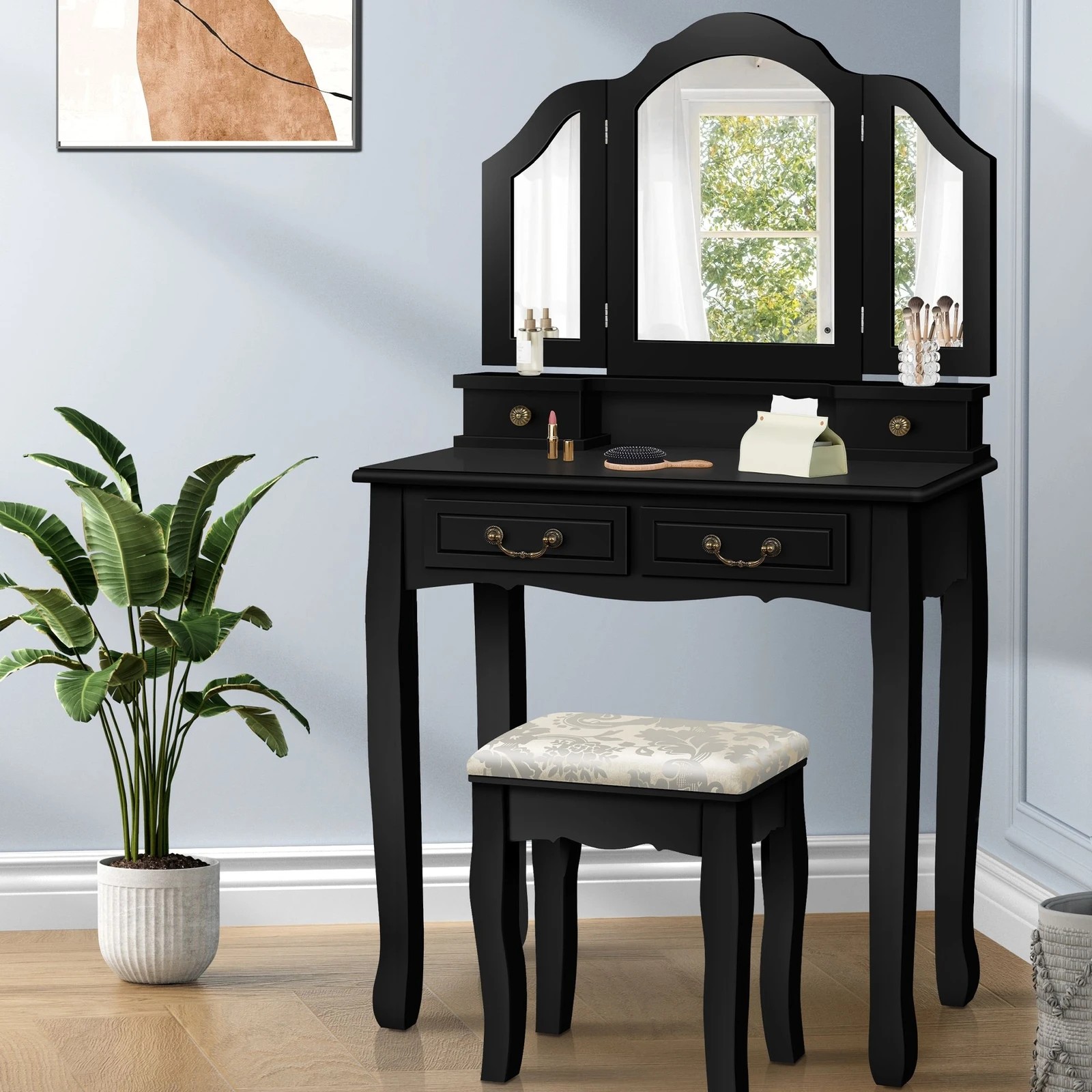 2 Alfordson Dressing Table Stool Set Makeup Foldable Mirror Vanity Desk - Black, 2 of 10