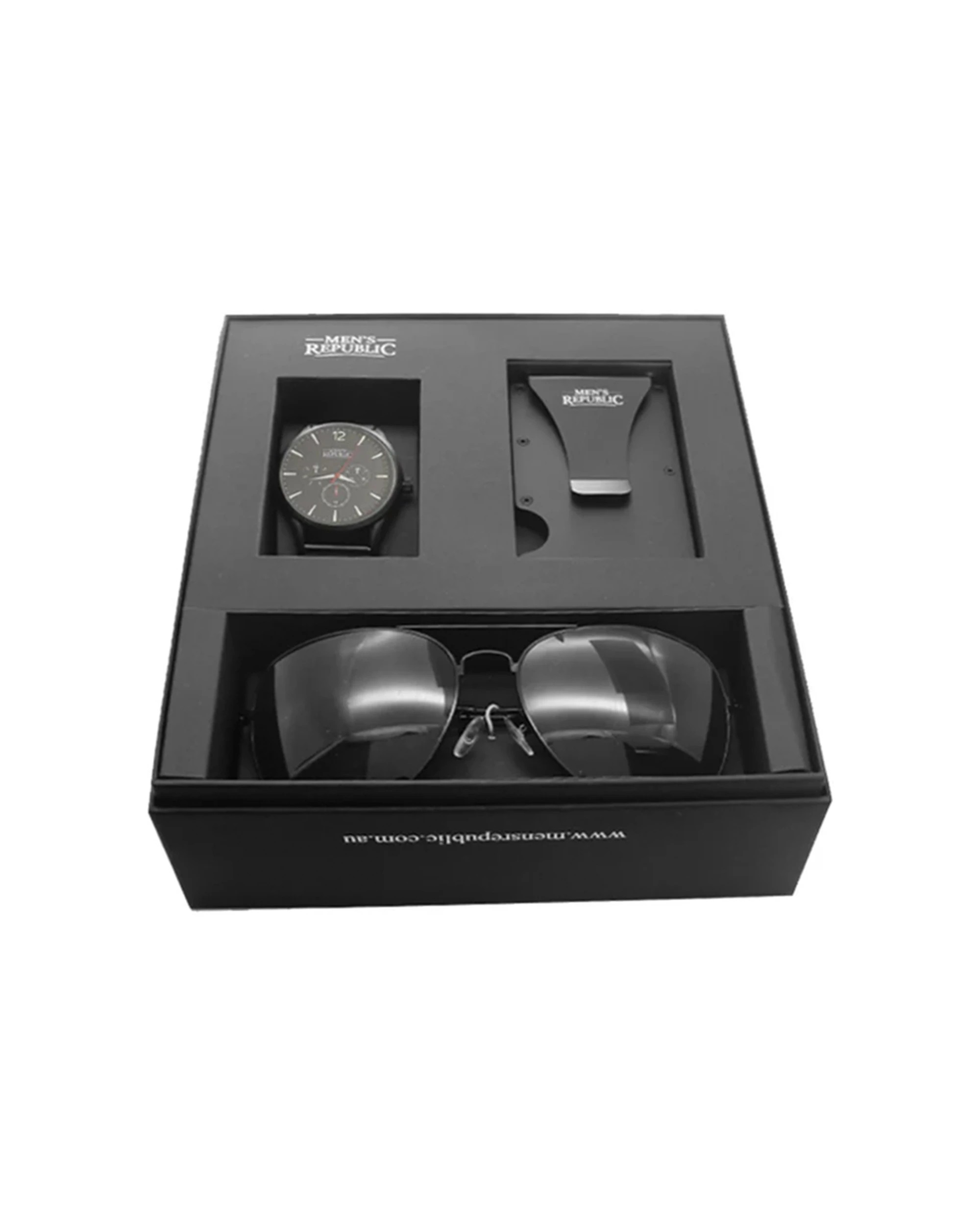 3 Mens Republic Quartz Watch Set With Card Wallet And Sunglasses - Black, 3 of 3