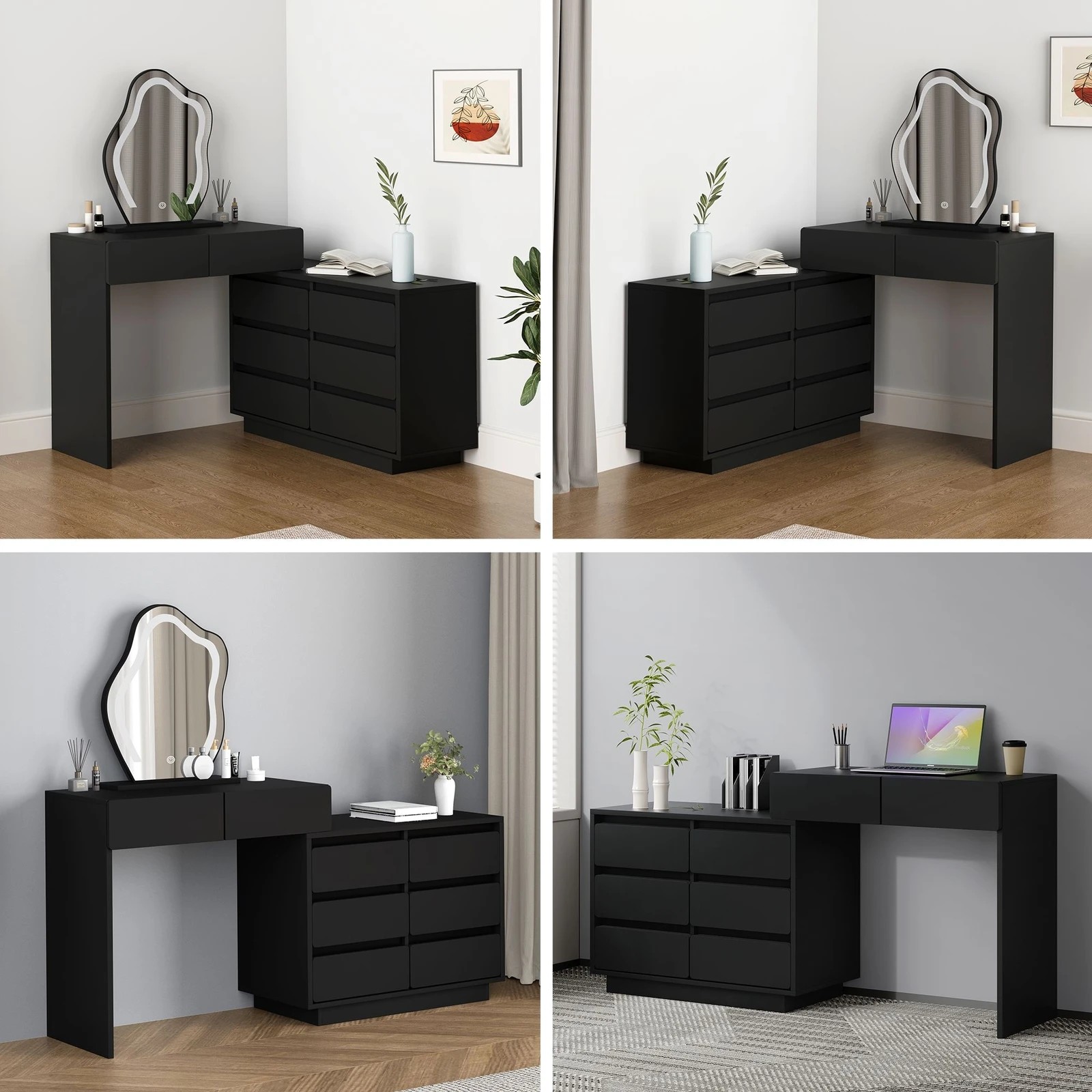 4 Alfordson Dressing Table Stool Set Makeup Mirror Desk LED 8 Drawers - Black, 4 of 10