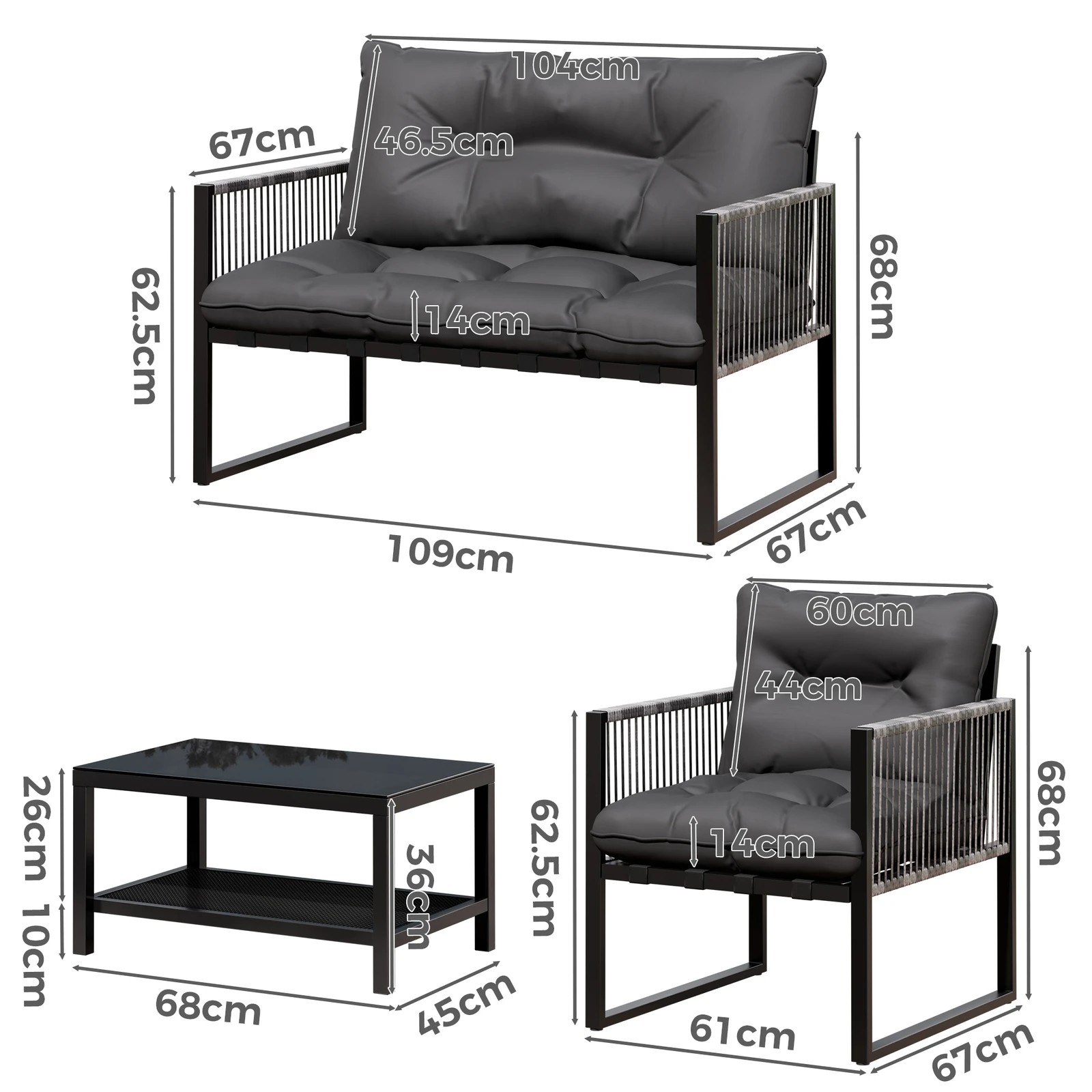 5 Alfordson 4PCS Outdoor Furniture Lounge Set Table and Chairs Garden - Black Grey, 5 of 10