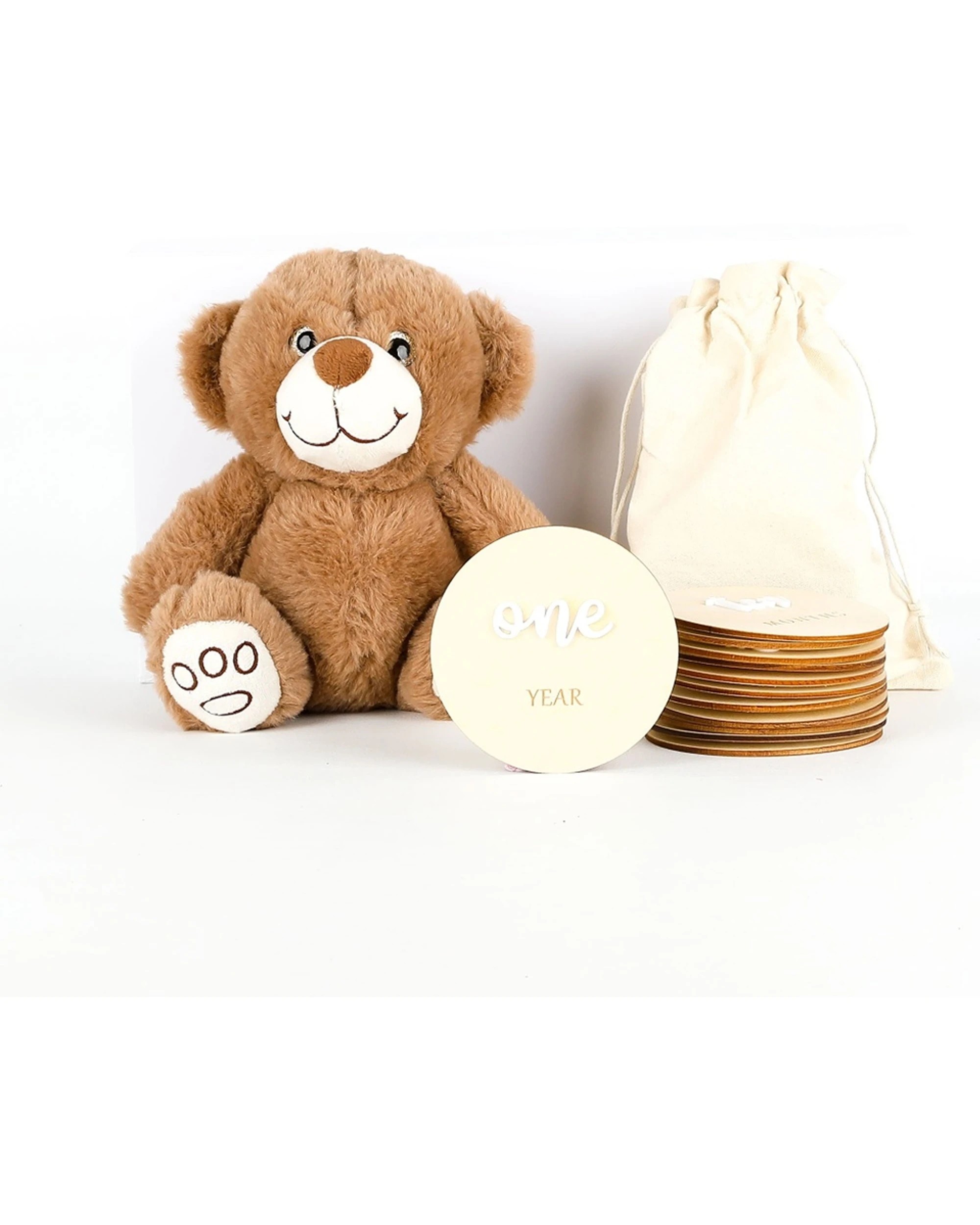 3 Gift Basket My First Teddy Set Stuffed Animal Bear Wooden Milestone Discs - Multi, 3 of 6