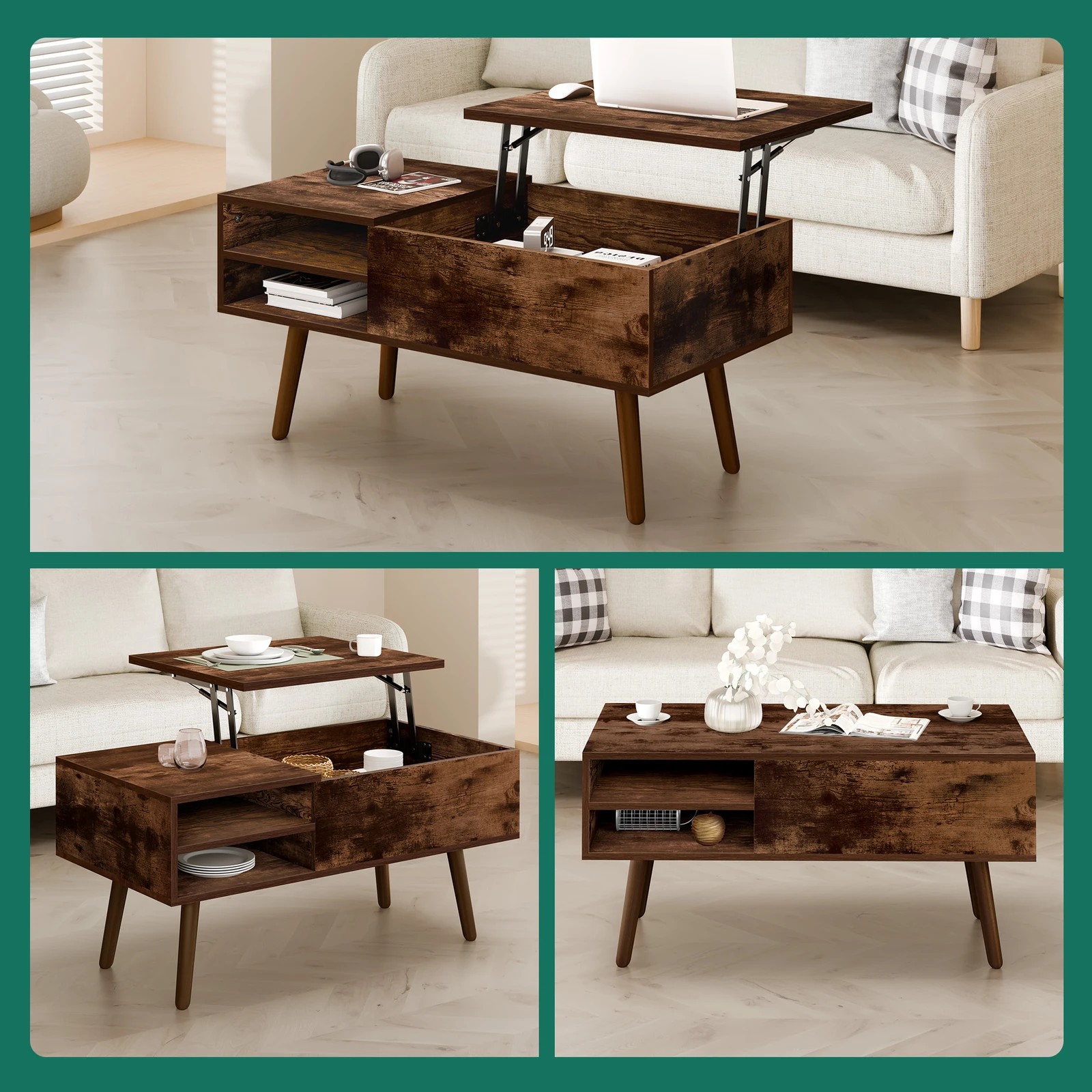 9 Alfordson Coffee Table 2-in-1 Lift Up Hidden Storage Dark Oak, 9 of 10
