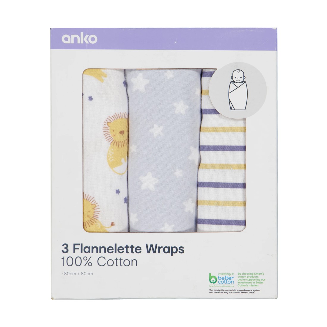 1 3 Pack Flannelette Wraps - Lion, 1 of 6