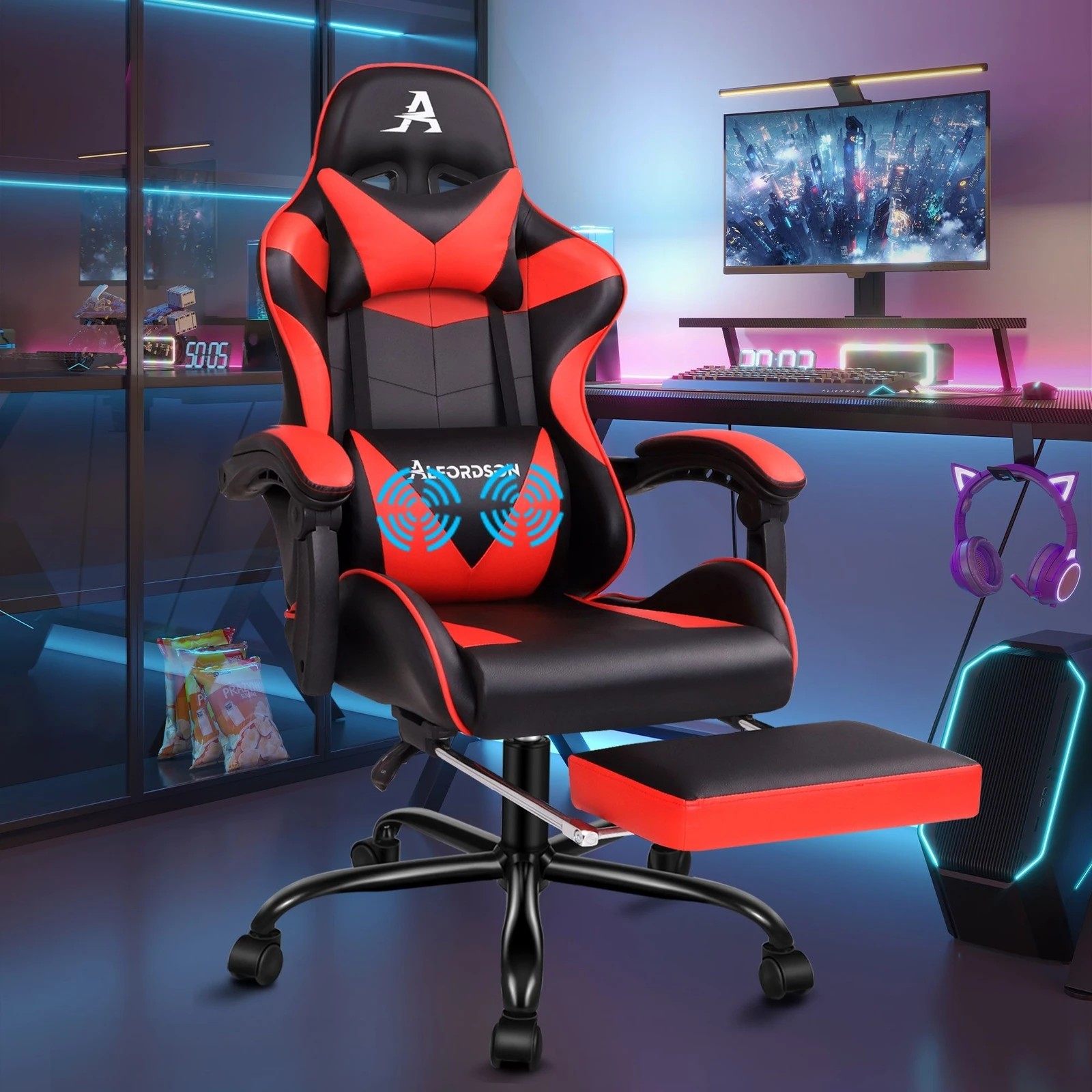 2 Alfordson Gaming Chair Office Executive Racing Footrest Seat PU Leather - Red, 2 of 10