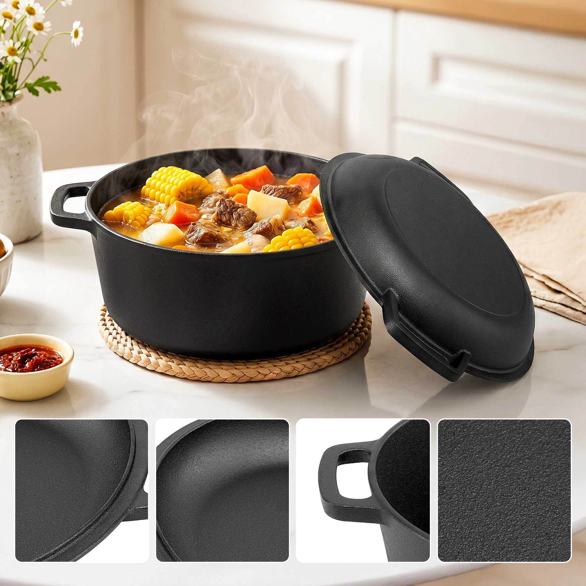 7 5-Star Chef 5L 2-In-1 Pre-Seasoned Cast Iron Dutch Oven Pot with Lid and Dual Handles - Black, 7 of 9