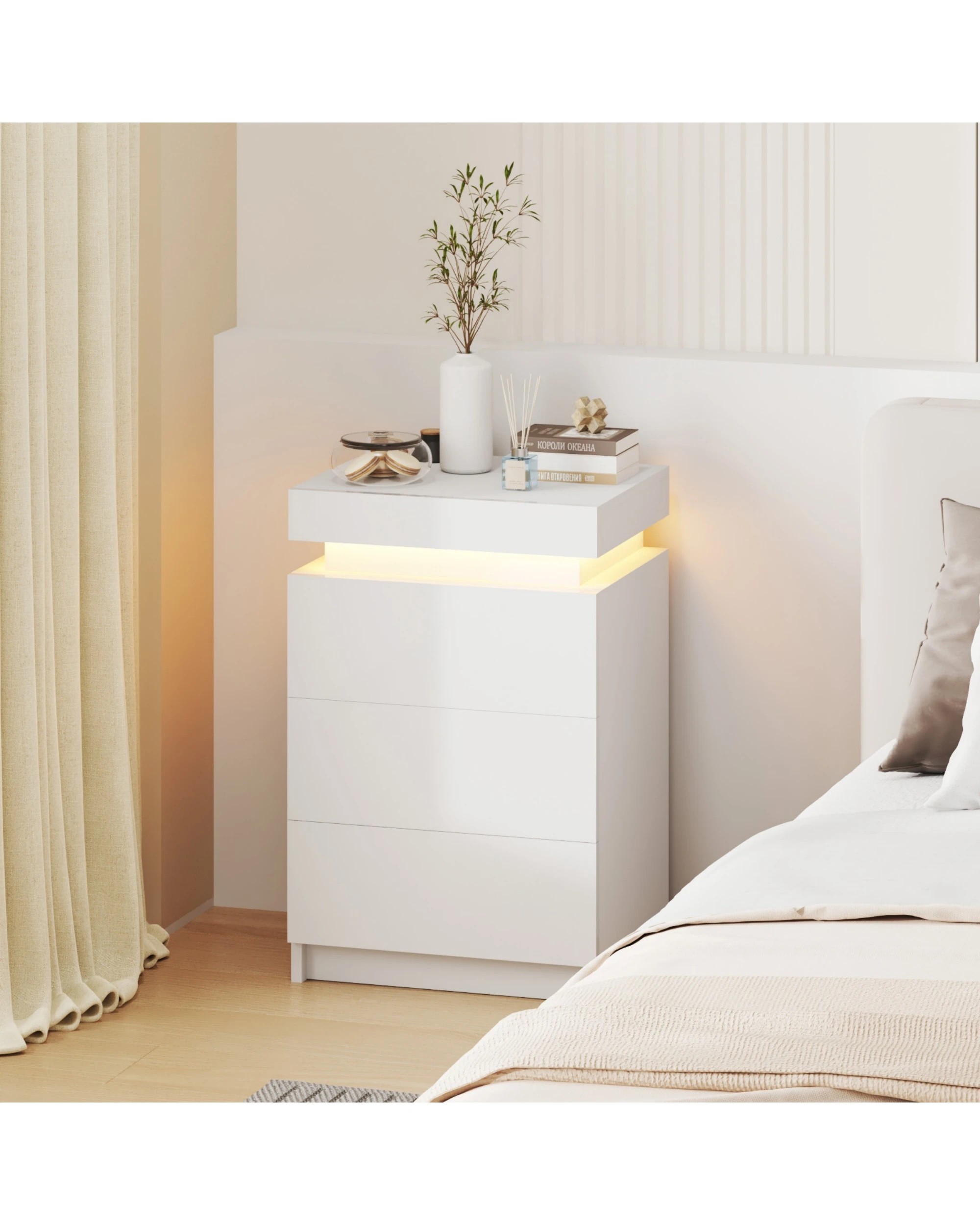 4 Advwin Set of 2 Bedside Table 3 Drawers with Lift Up Storage Led RGB Light - White, 4 of 9