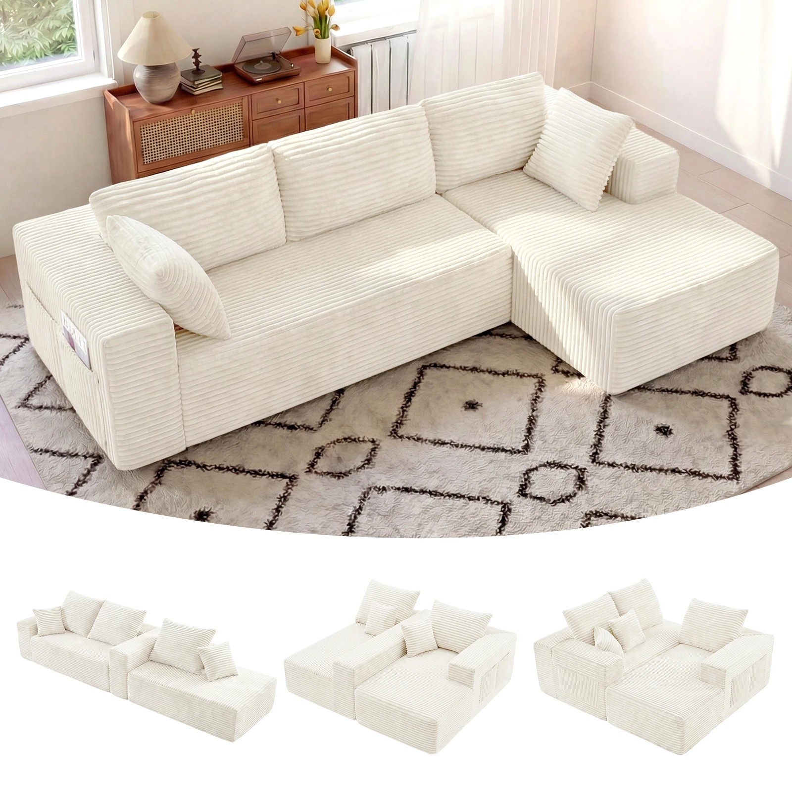 4 Advwin 277cm L Shape Convertible Modular Sectional Couch - Beige, 4 of 7