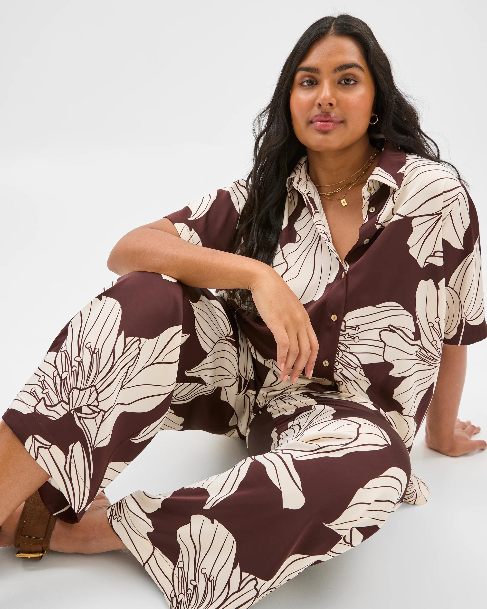 2 Target Curve Plus-size Satin Wide-leg Trousers, Brown And Cream Floral (16+) FLORAL PRINT, 2 of 7