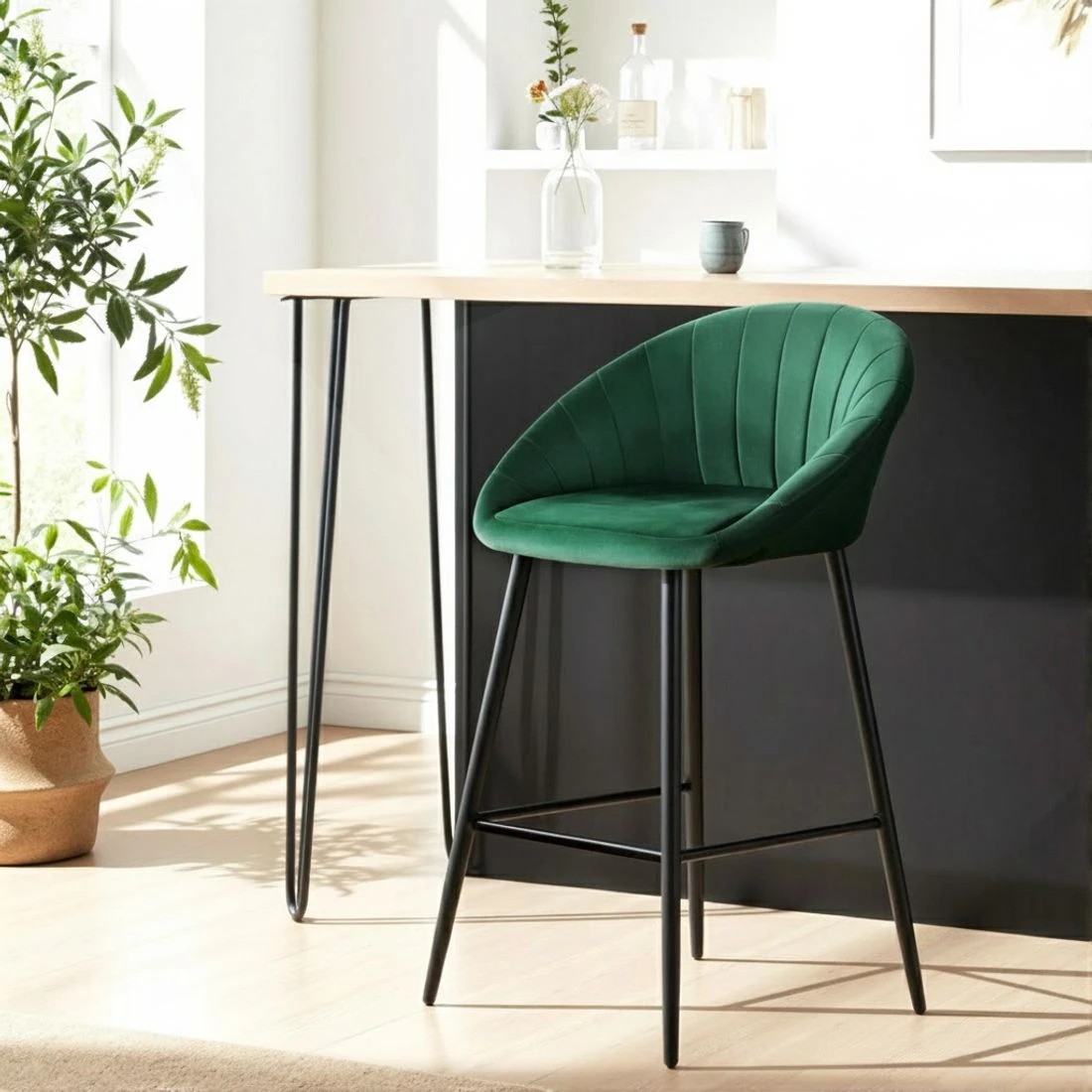 4 Artiss 4x Bar Stools Kitchen Dining Chair Counter Stool Tub Velvet Metal - Green, 4 of 6