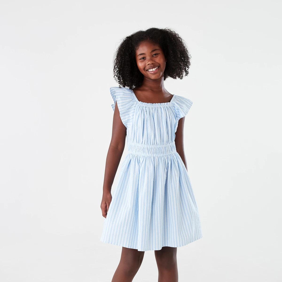 1 Shirred Frill Dress LIGHT BLUE SEERSUCKER STRIPE, 1 of 8