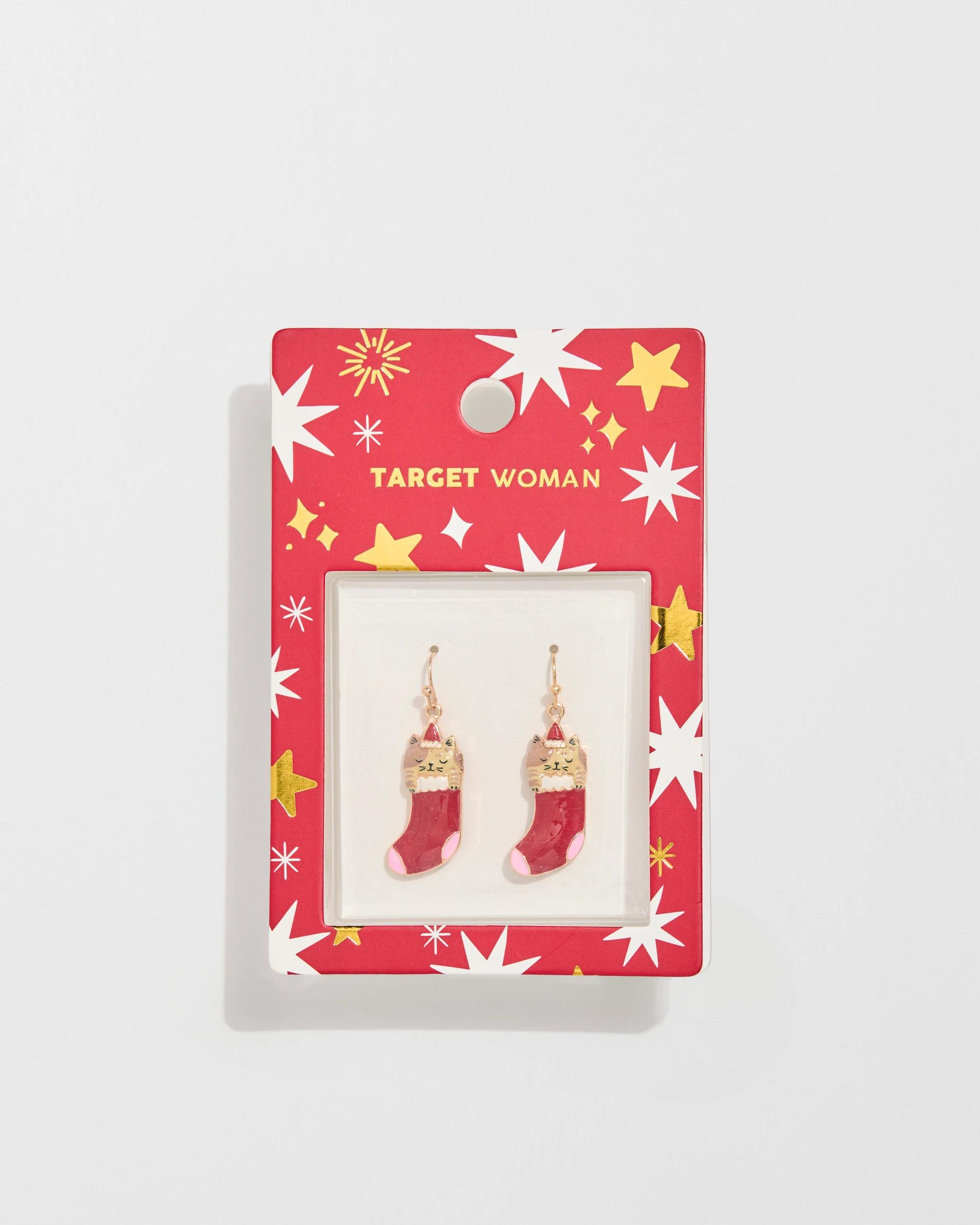 3 Target Woman Christmas Cat In Stocking Drop Earrings RED, 3 of 3