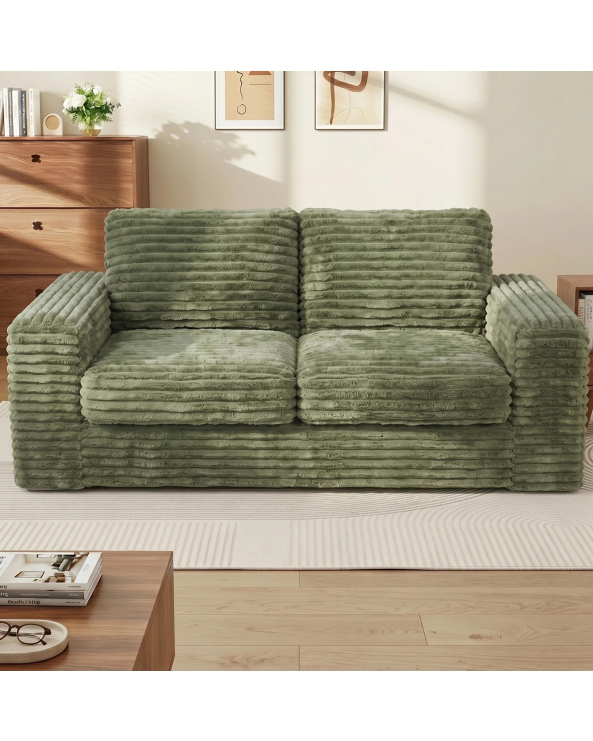 1 Advwin Loveseat Floor Sofa 162cm Wide-wale Corduroy Love Seat Couch - Green, 1 of 9