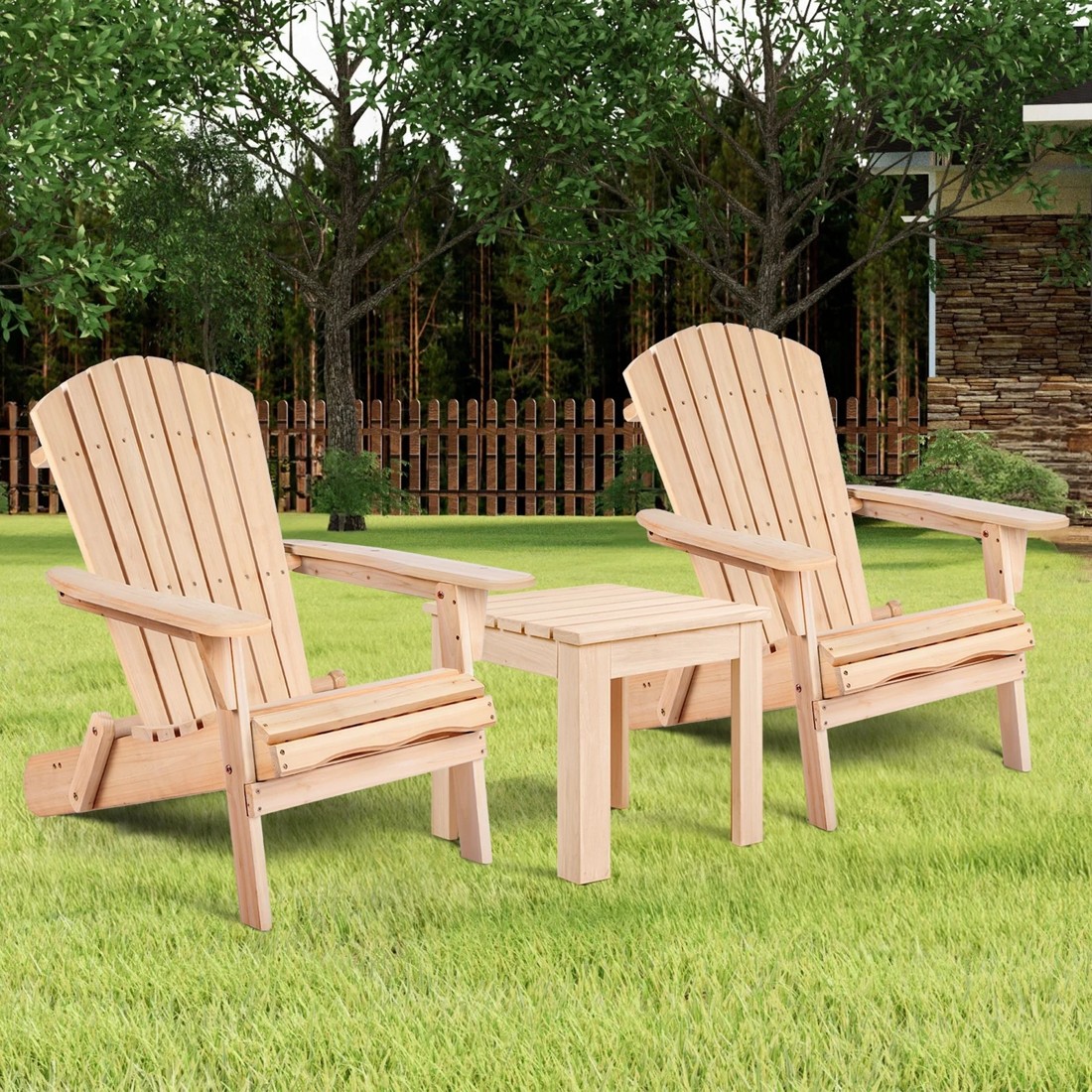 2 Alfordson Adirondack Chairs Table 3PCS Set Wooden Outdoor Furniture Beach - Natural, 2 of 9