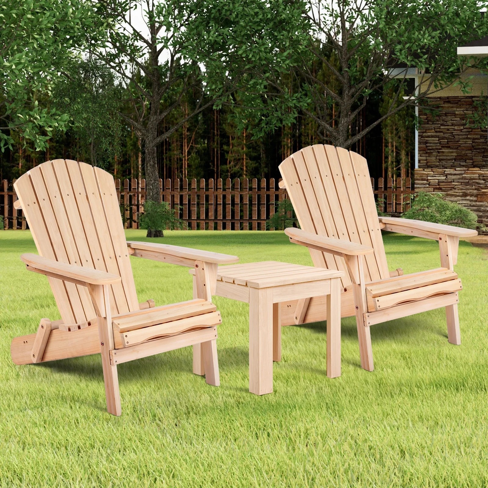 2 Alfordson Adirondack Chairs Table 3PCS Set Wooden Outdoor Furniture Beach - Natural, 2 of 9