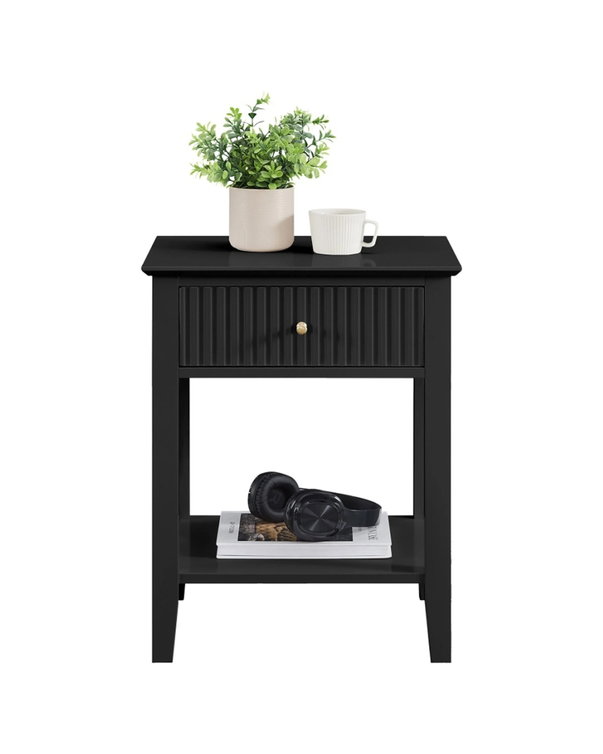 3 Alpine Bay Zara Fluted 1 Drawer Side Table With Shelf Storage Classic Style 48x35x61.5cm - Black, 3 of 5