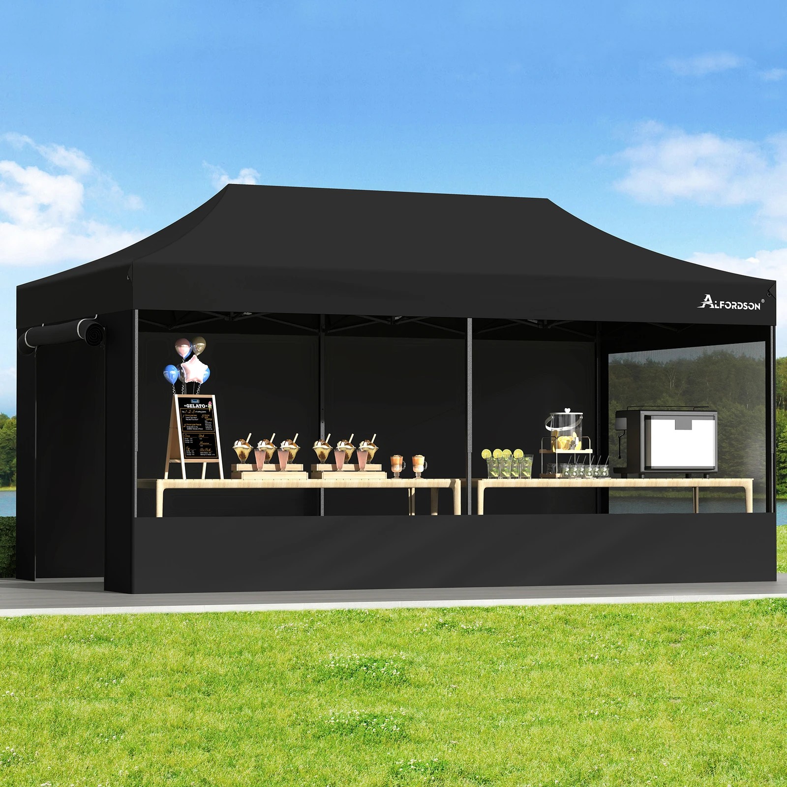 2 Alfordson Gazebo 6x3m Pop Up Marquee 600D Oxford Folding Camping Tent - Black, 2 of 10