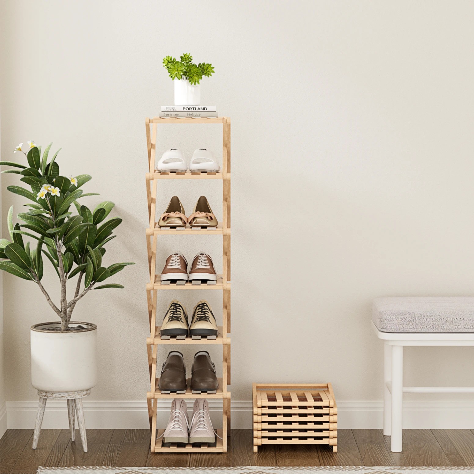 4 Artiss 7 Tier Bamboo Foldable Shoe Rack Organizer - Natural, 4 of 9