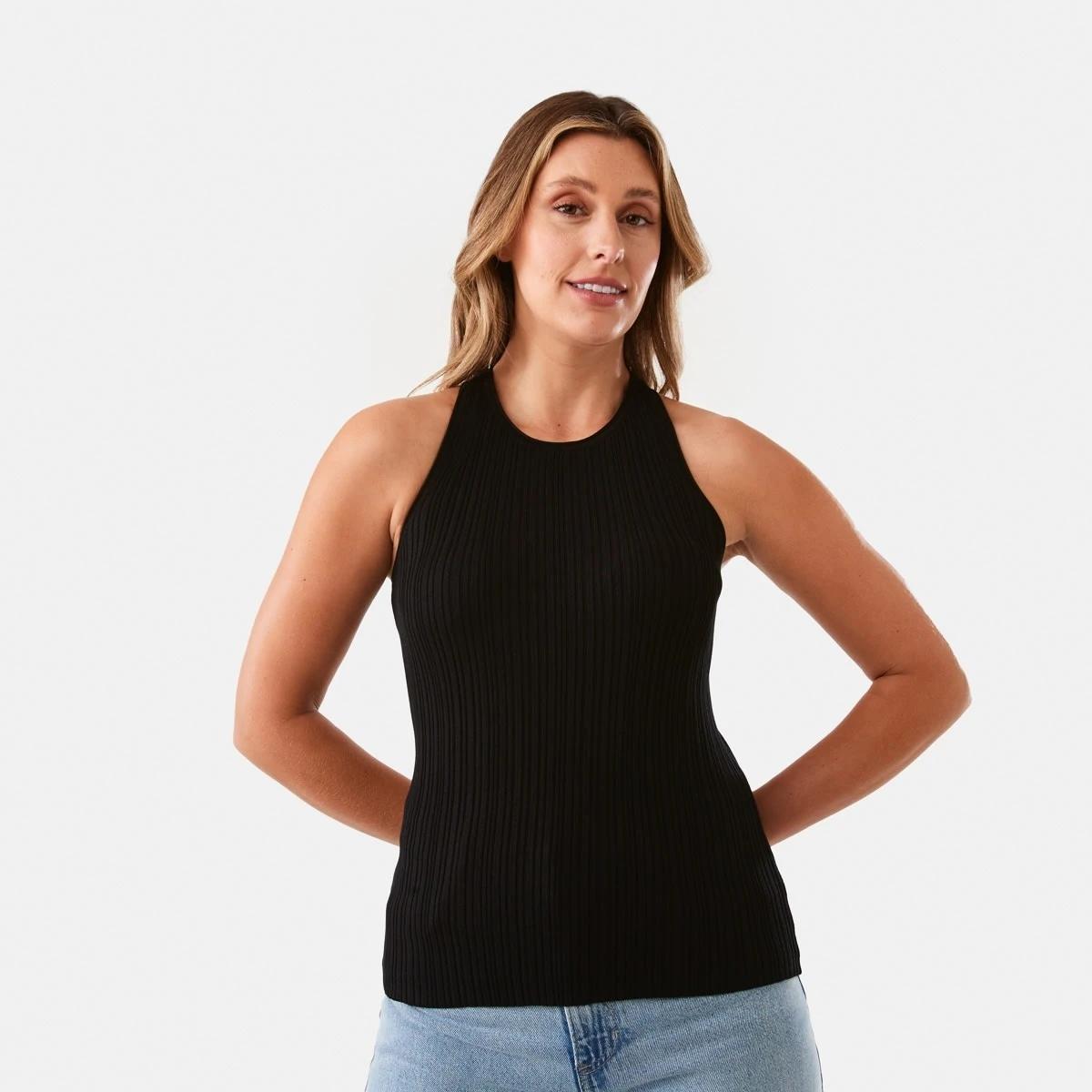 2 Sleeveless True Knit Cross Back Halter Top Black, 2 of 7