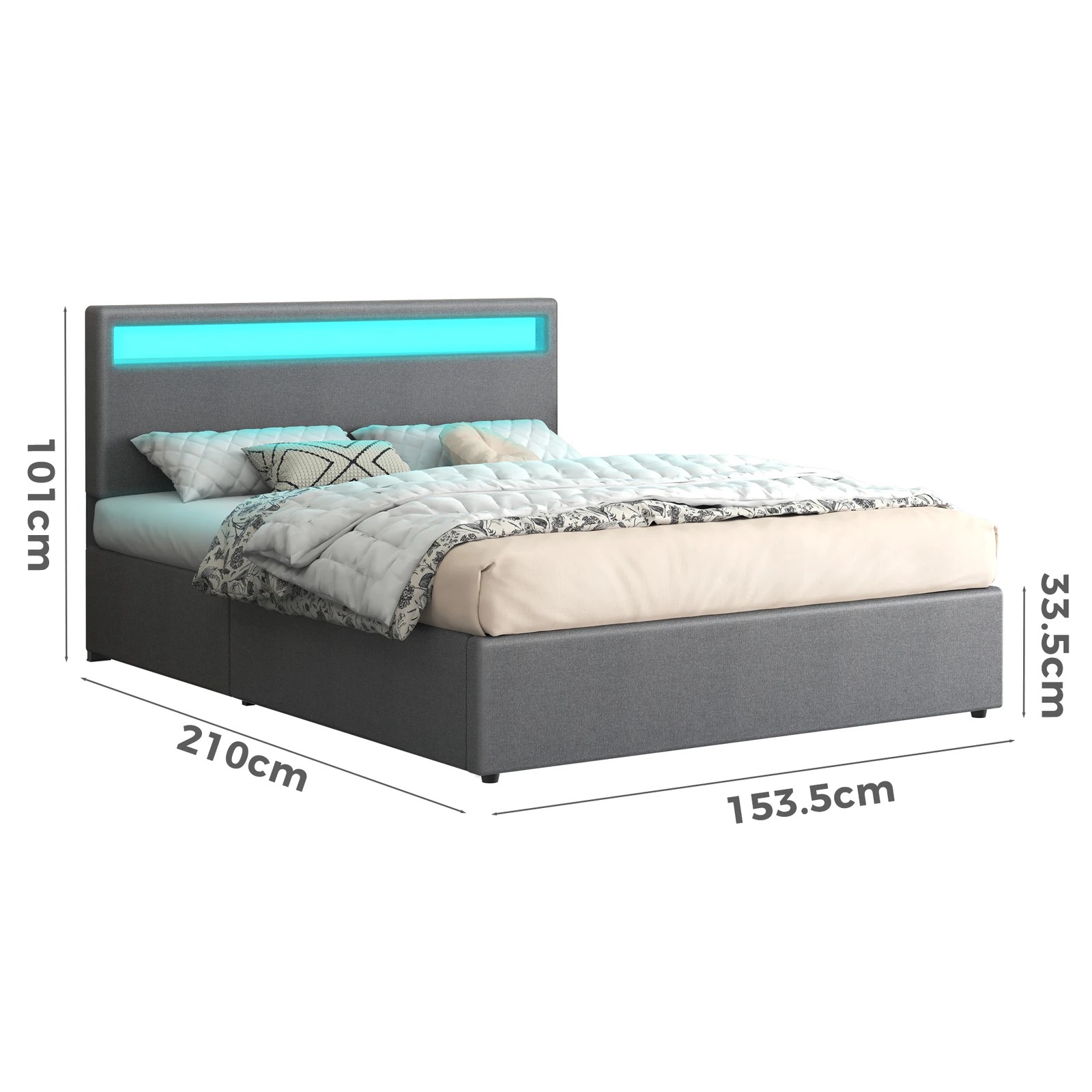 9 Alfordson Bed Frame Queen Size RGB LED Gas Lift Storage Base Fabric Luchino - Grey, 9 of 10