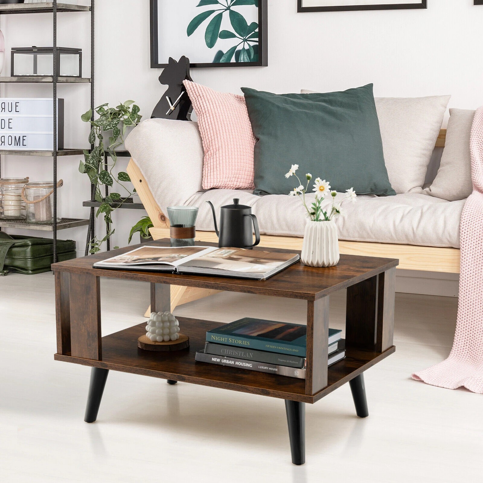 3 Costway 2-Tier Wood Coffee Table w/Open Storage Shelf, 3 of 4