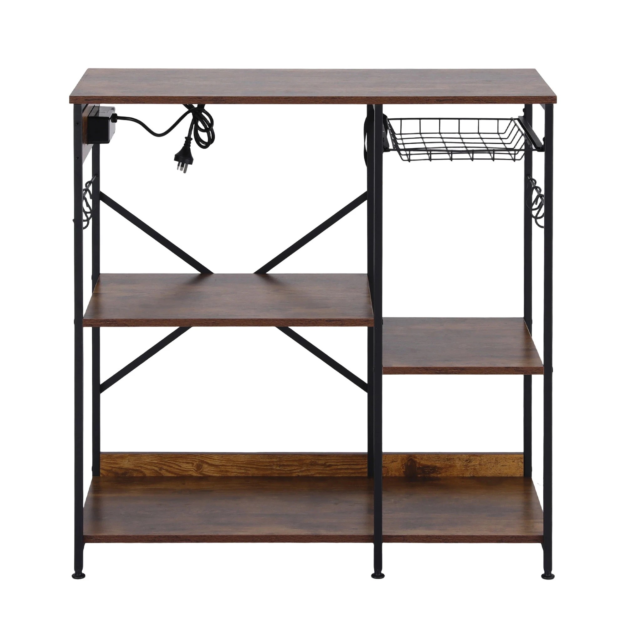3 Artiss 3-Tier Kitchen Bakers Rack with 2 Power Outlets Microwave Stand 6 Hooks 90CM - Brown, 3 of 9