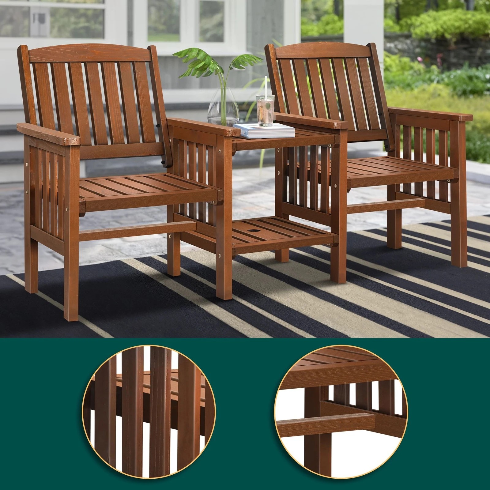 5 Alfordson Outdoor Garden Bench Wooden Loveseat Patio Chairs Table Set - Brown, 5 of 9