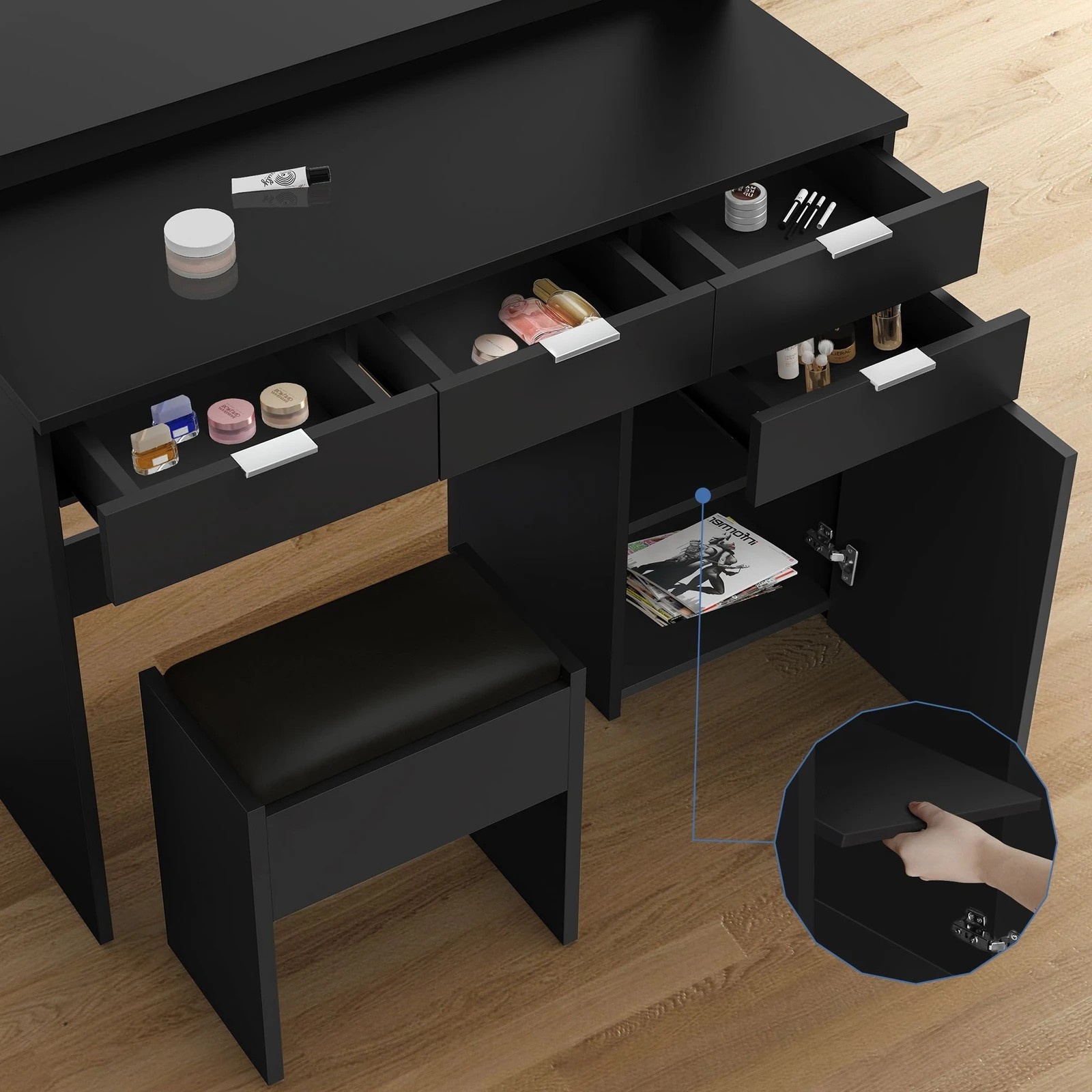 4 Alfordson Dressing Table Stool Set Makeup Mirror Desk 12 LED Bulbs - Black, 4 of 10