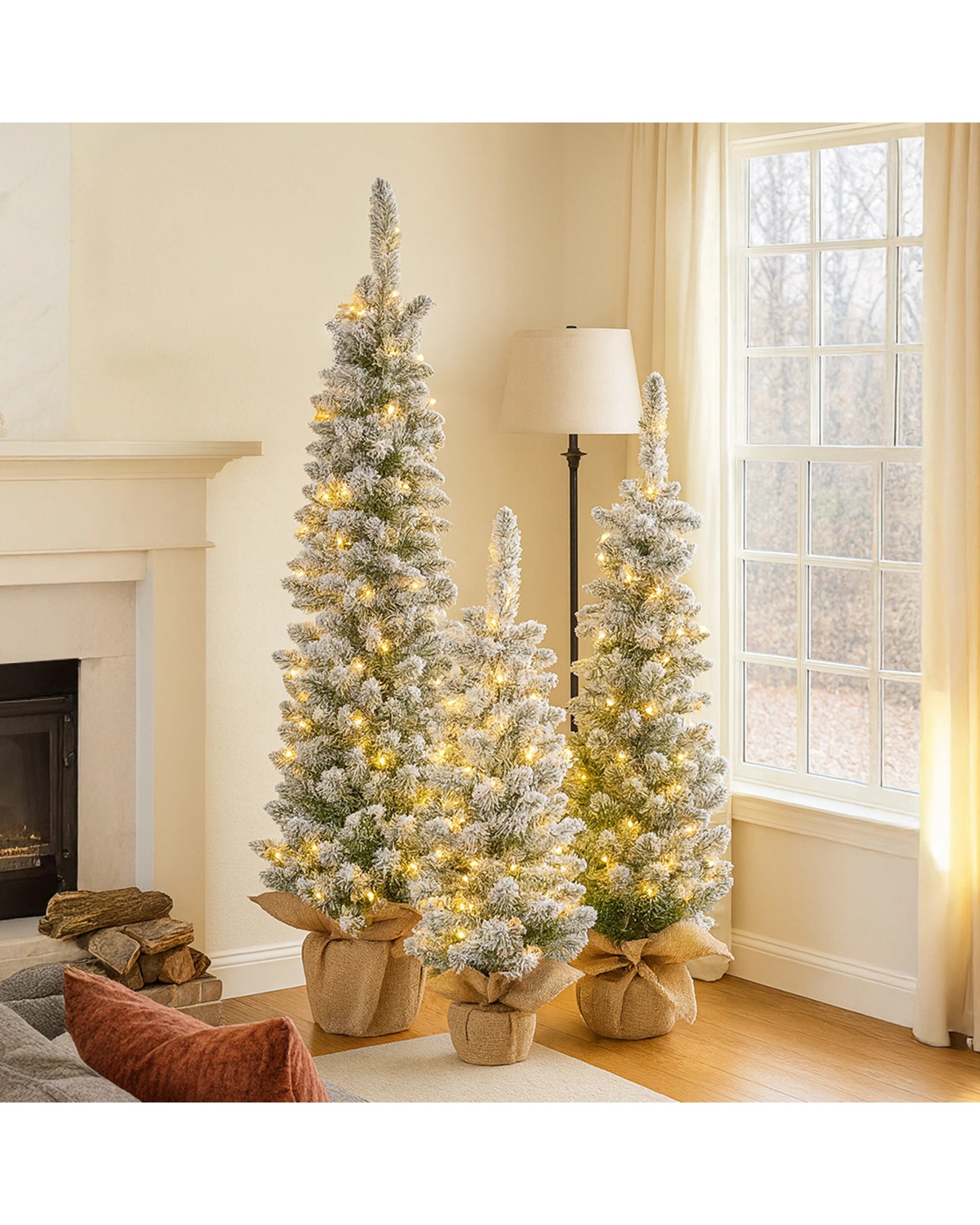 9 Christabelle Snowy Pine Christmas Trees Set Of 3 With Led Lights And Hessian Base, 9 of 9
