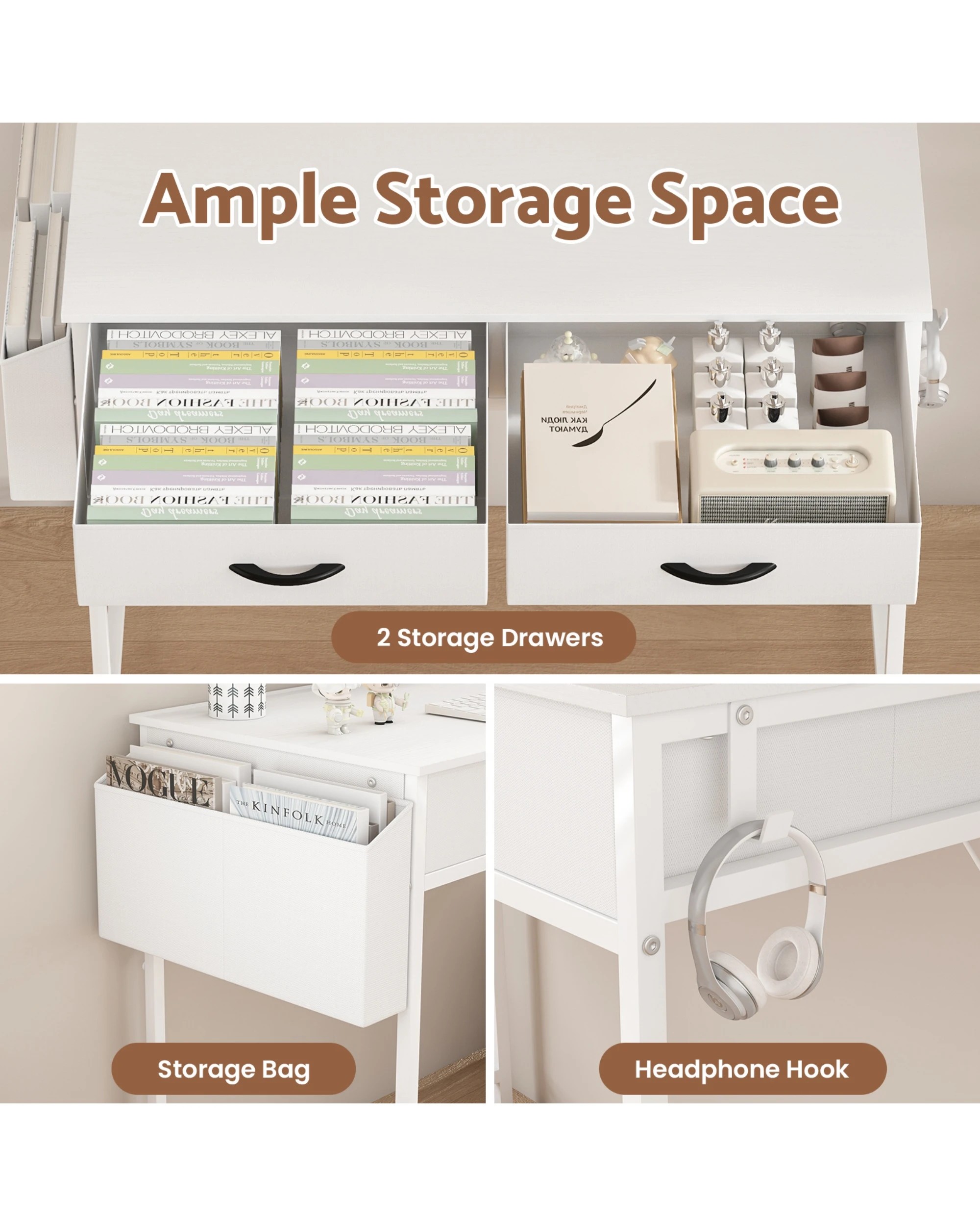 5 Advwin 100cm Small Desk With 2 Drawers And Storage Bag Makeup Vanity Desk White, 5 of 10