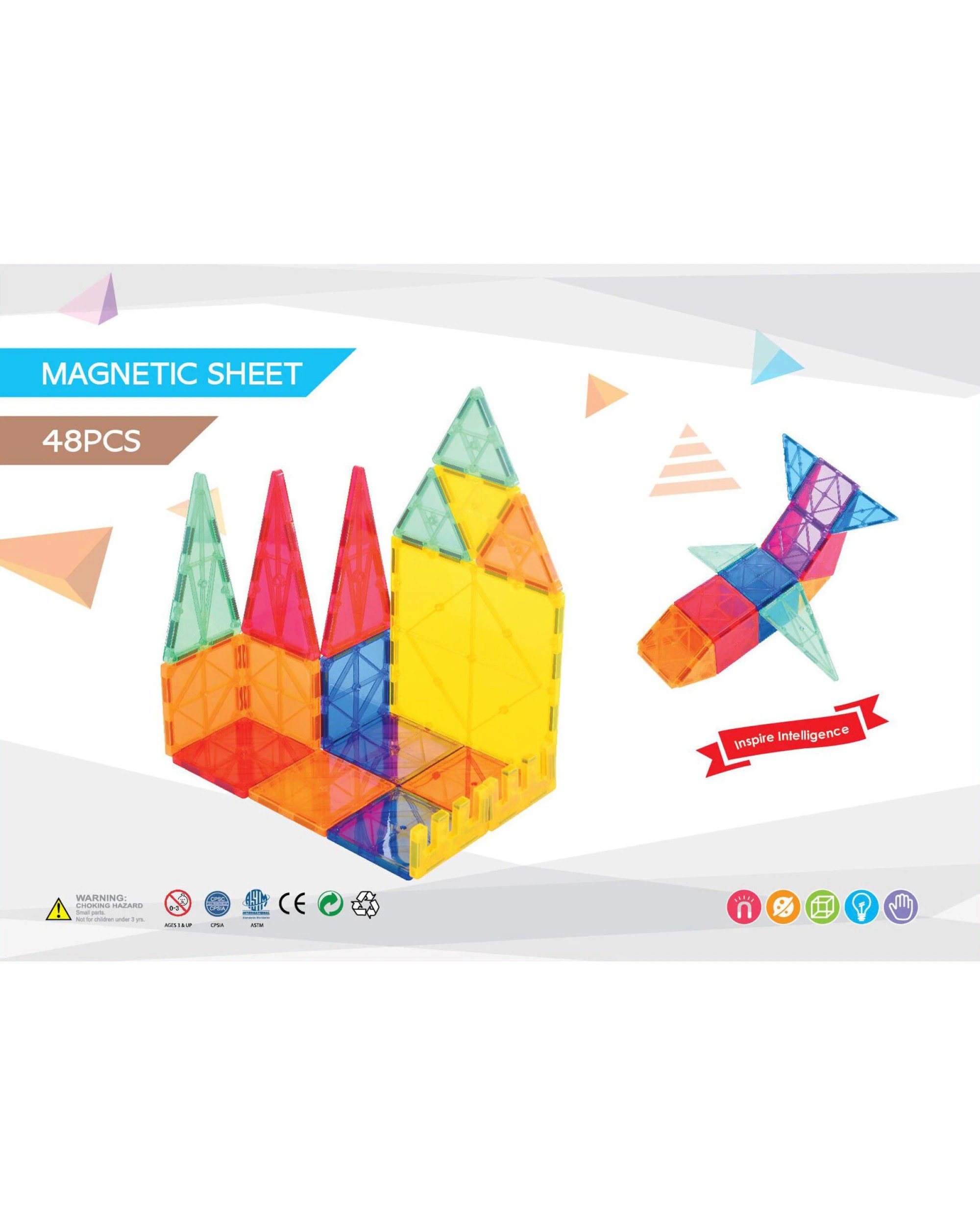 6 Gem Toys 48 Pcs non-toxic STEM Educational, Durable Magnetic Tiles/Puzzle with Storage Bag, 6 of 7