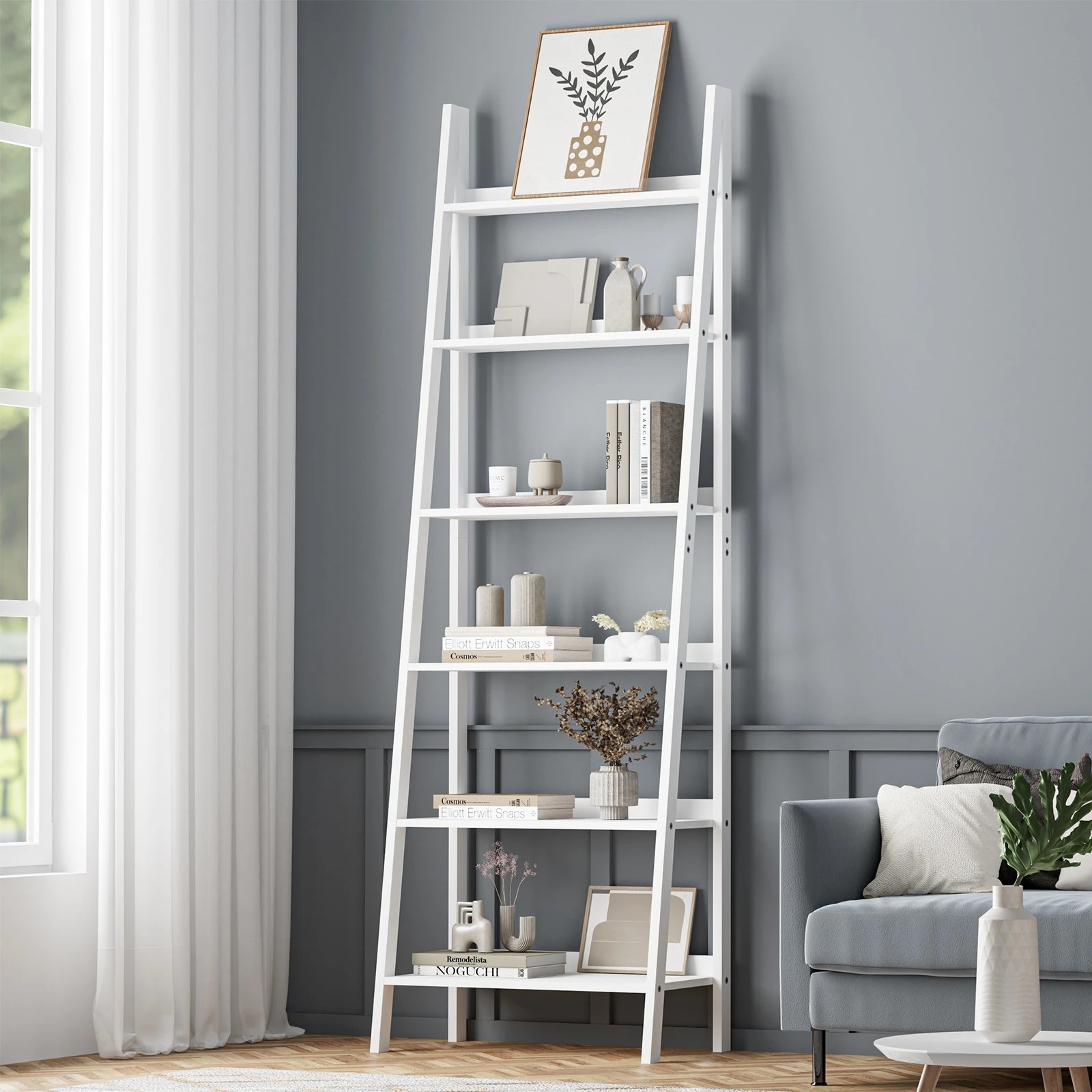 2 Oikiture Bookshelf 6 Tier Corner Ladder Shelf Home Storage Display Rack
 - White, 2 of 9