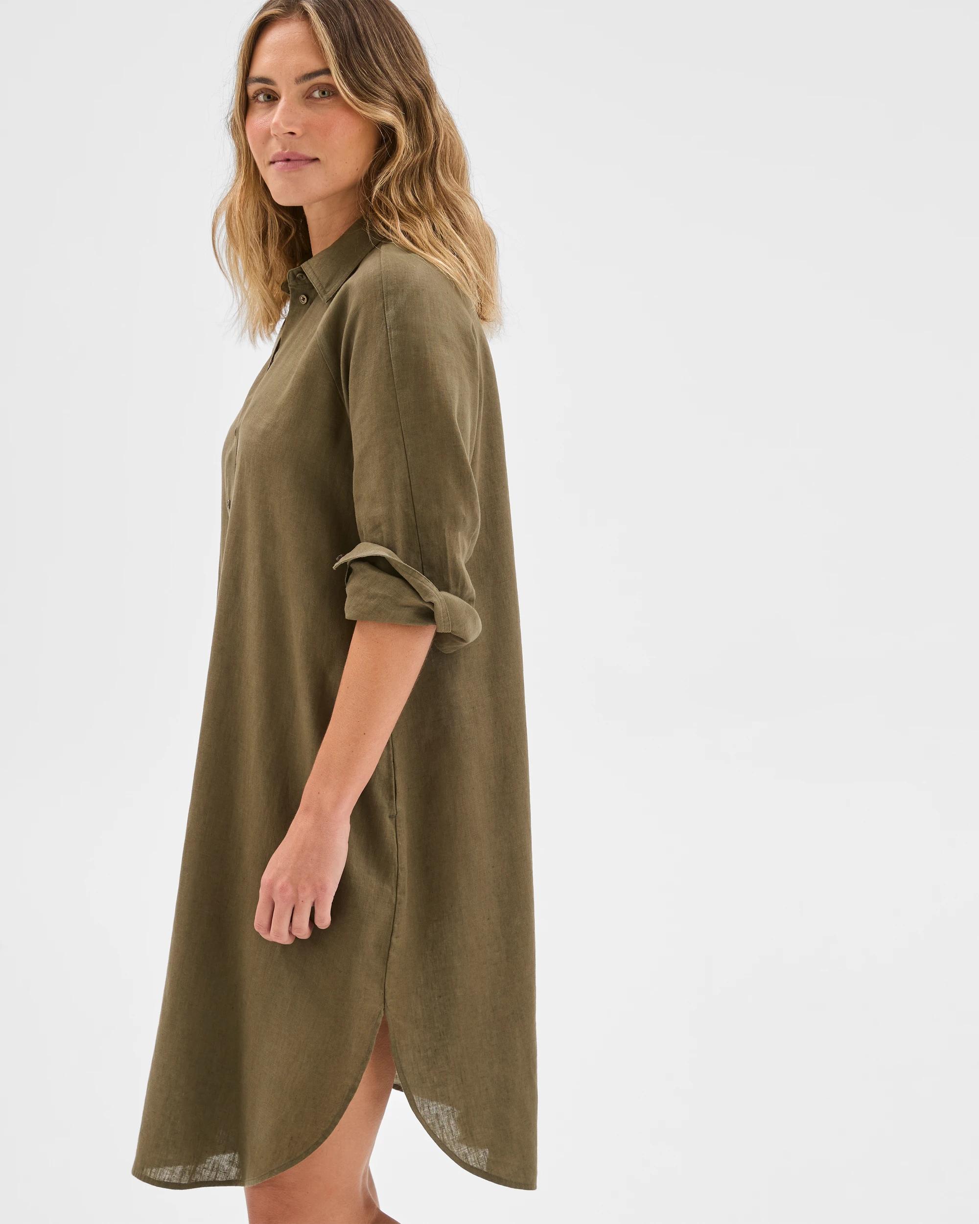 3 Target Woman European Linen 3/4 Sleeve Midi Shirt Dress DUSTY MOSS, 3 of 6