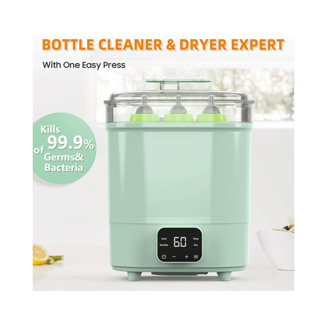 4 Advwin Baby Bottle Sterilizer, 4-in-1 Electric Steam Bottle Steriliser, Universal Fit For All Baby Items, Green, 4 of 8