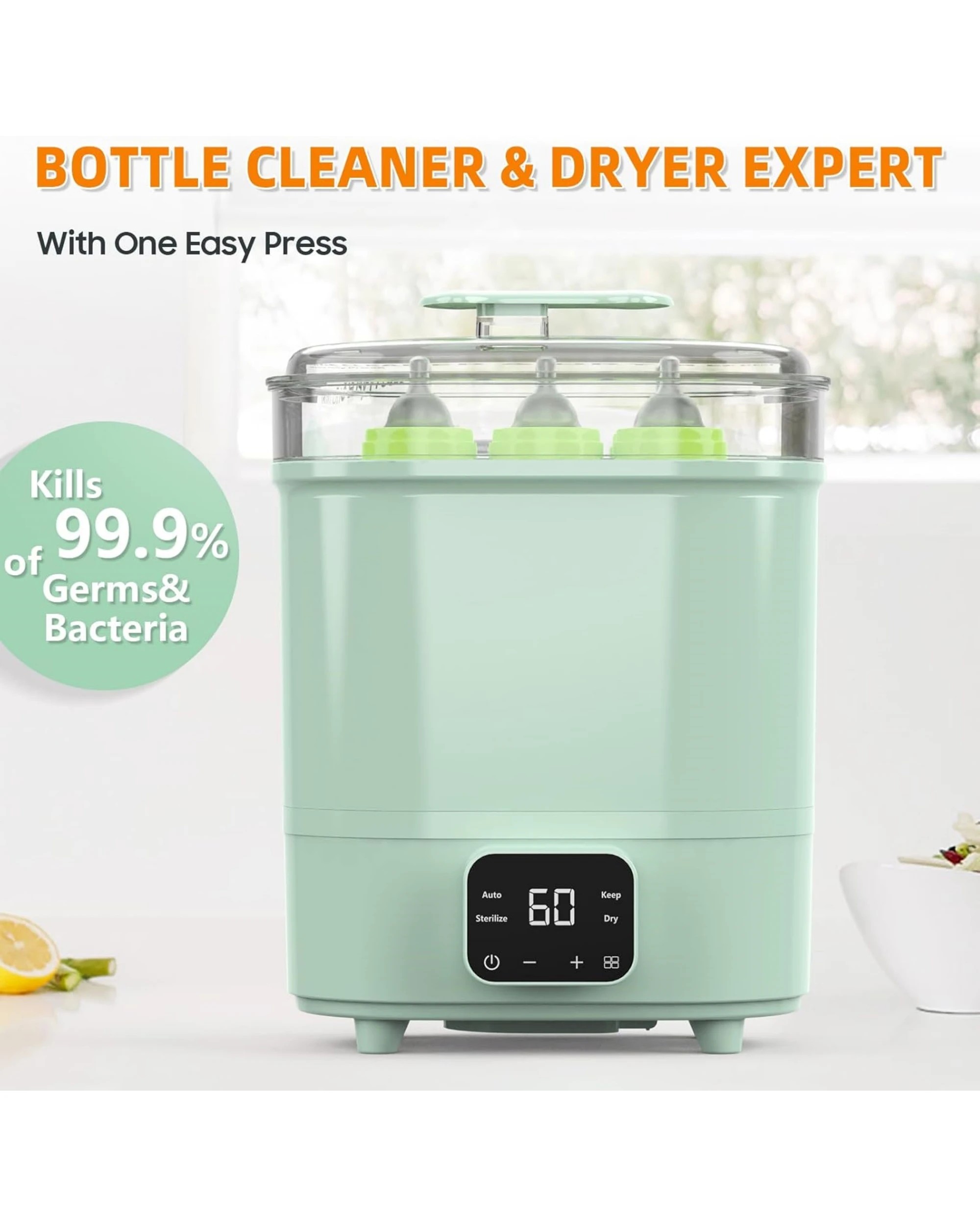 4 Advwin Baby Bottle Sterilizer, 4-in-1 Electric Steam Bottle Steriliser, Universal Fit For All Baby Items, Green, 4 of 7