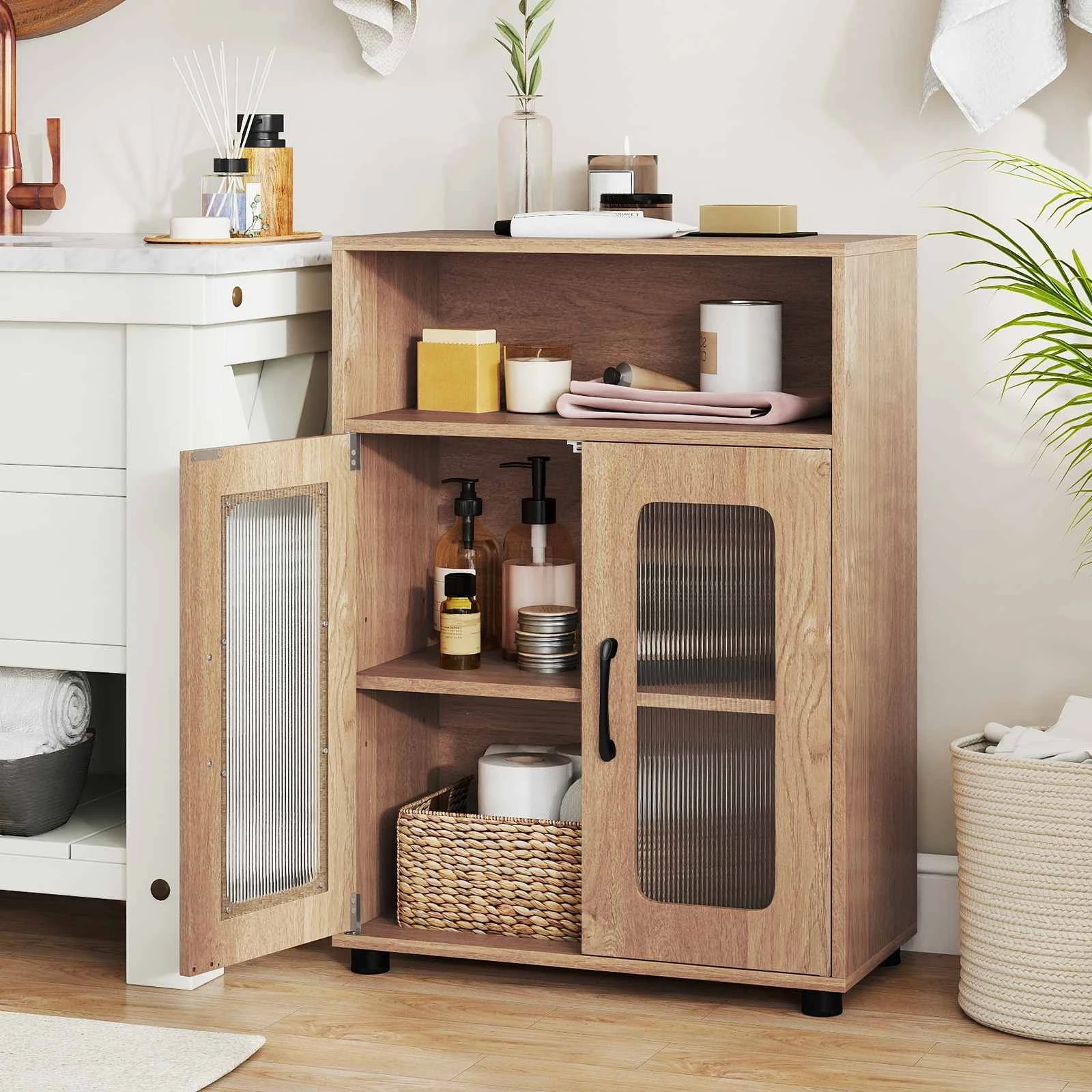 3 Costway 83cm Bathroom Storage Cabinet w/2 See-through Doors Freestanding Organizer Unit, 3 of 5