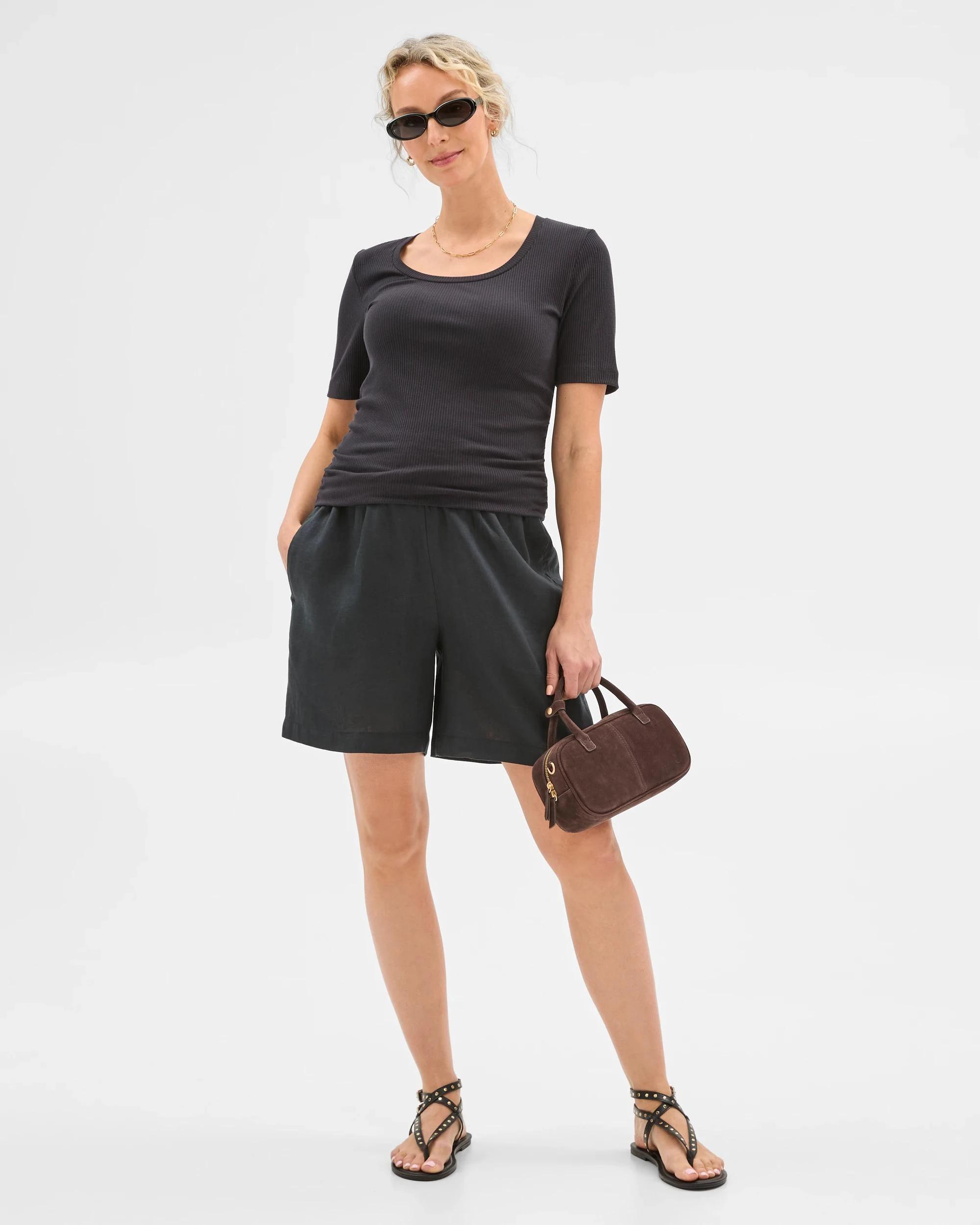 1 Target Maternity European Linen Shirred Shorts BLACK, 1 of 6