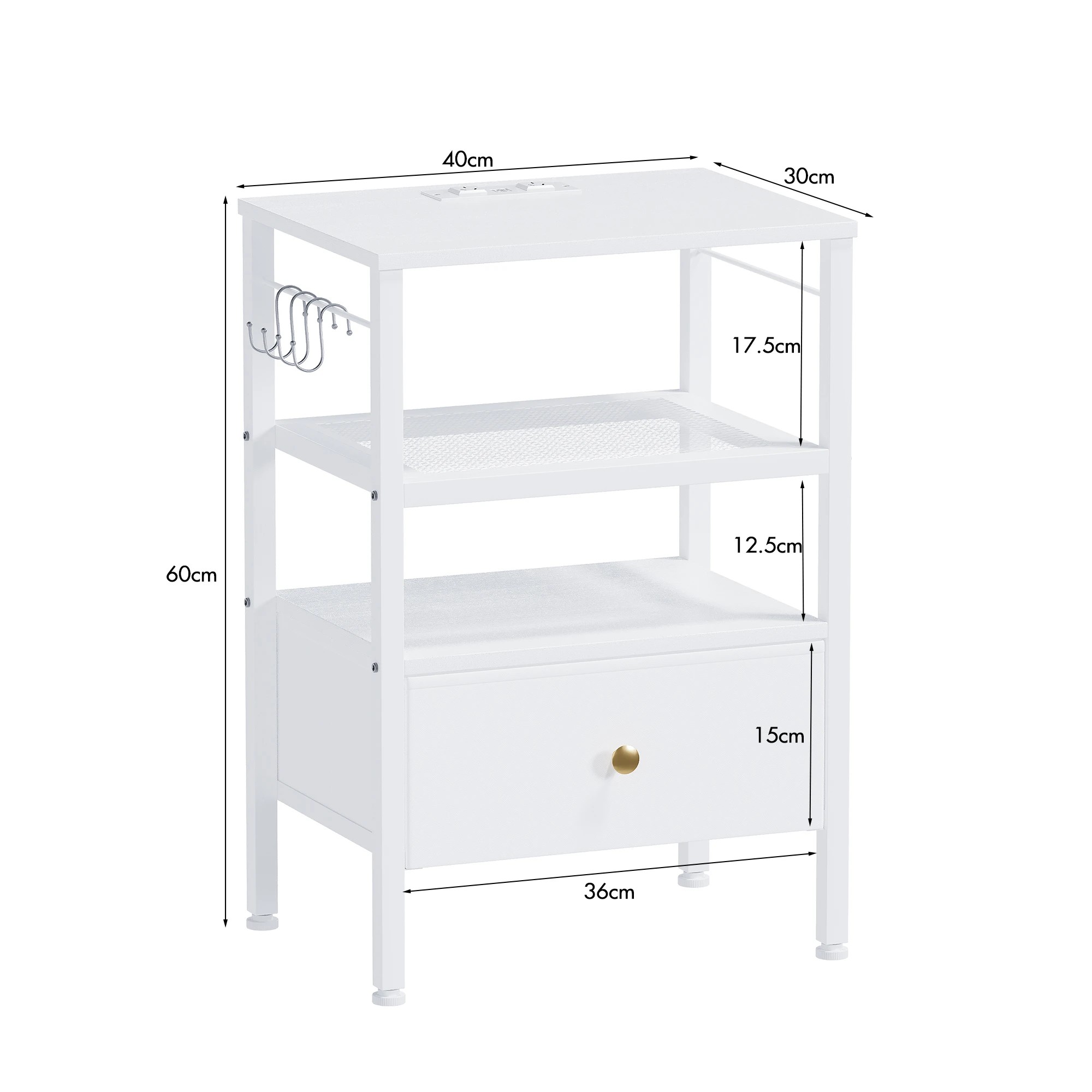 3 Advwin Bedside Table with Fabric Drawer Charging Station LED Lights - White, 3 of 5