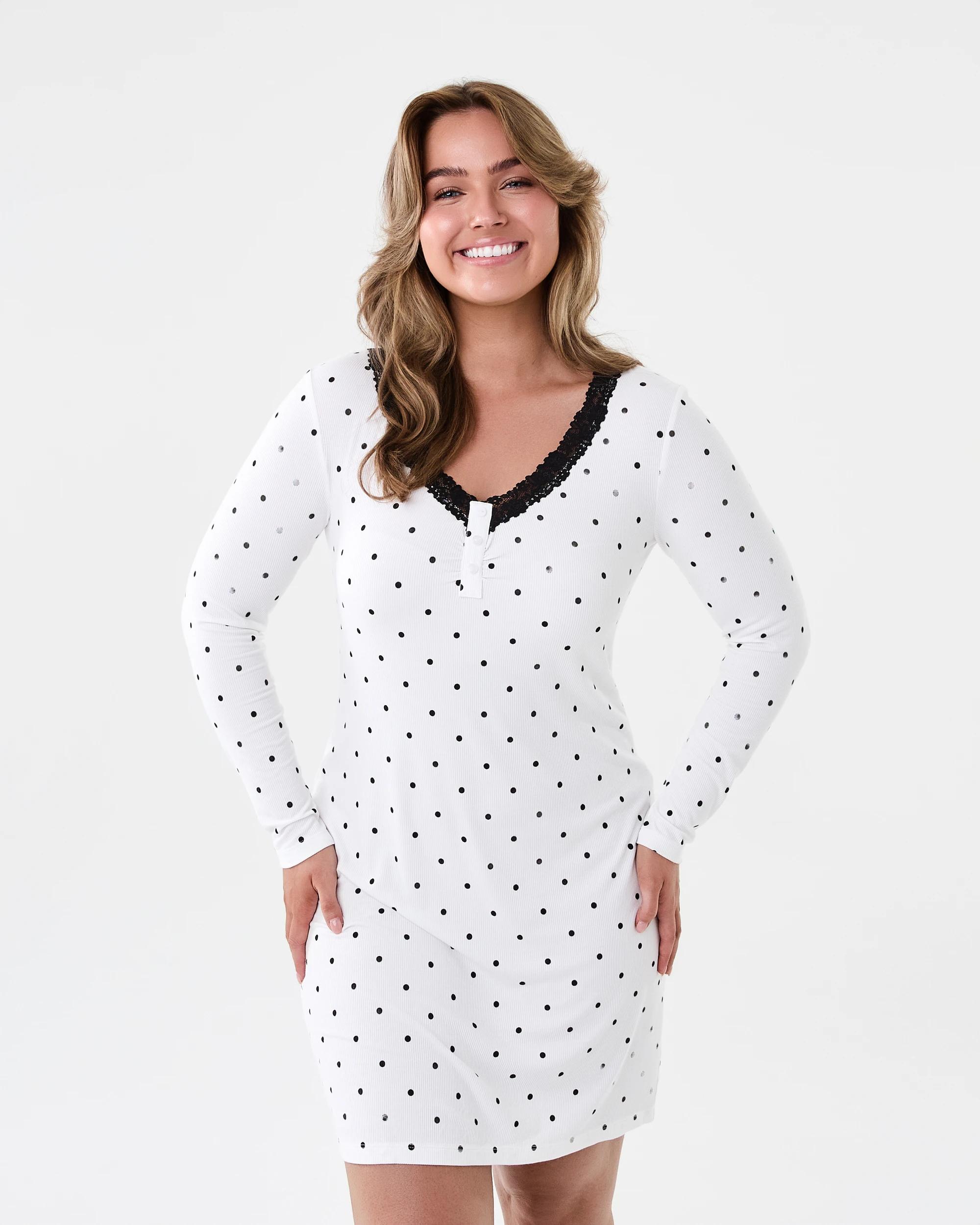 1 Long Sleeve Lace Trim Nightie Dots White, 1 of 7